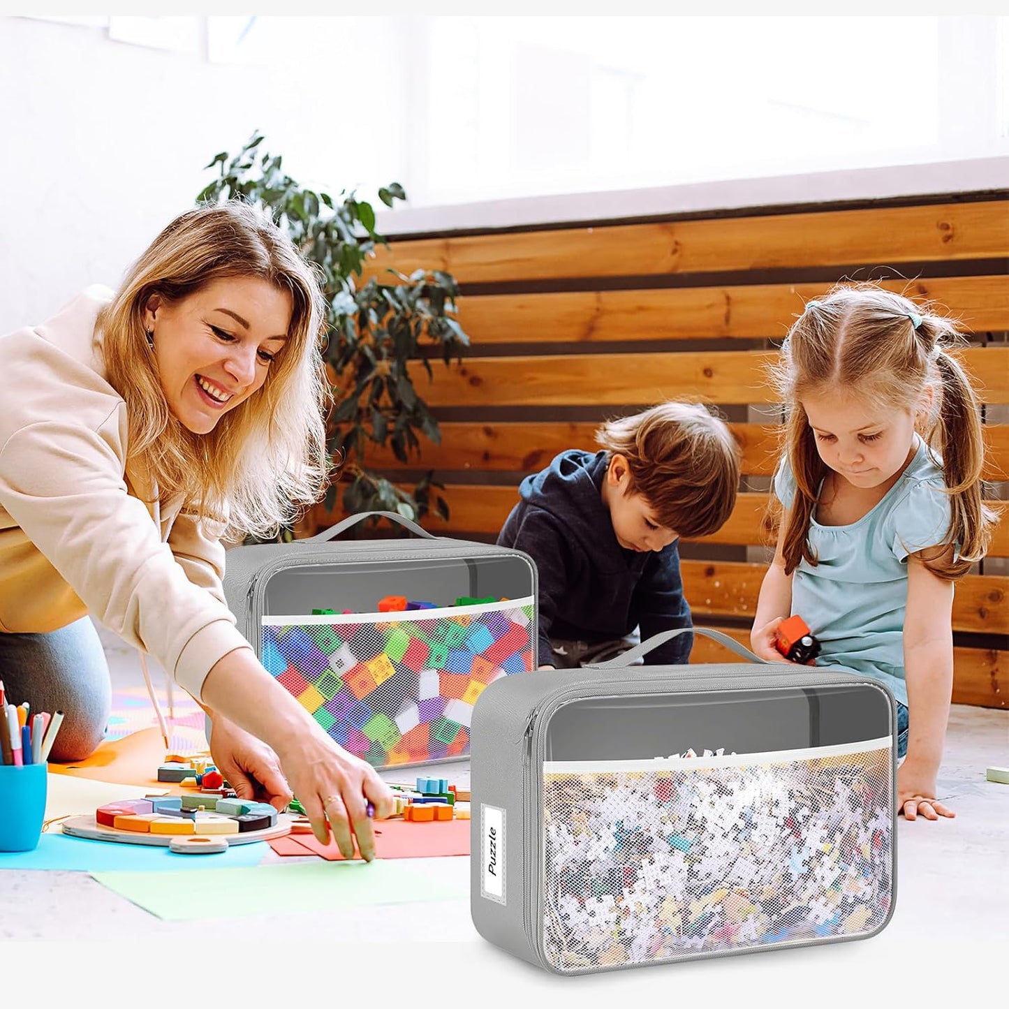 Abbylike 6 Pack Toy Storage Bag Bricks Building Set Car Toy Organization Bags for Traveling Carrying Case, Storage Organizer Puzzles(Gray)