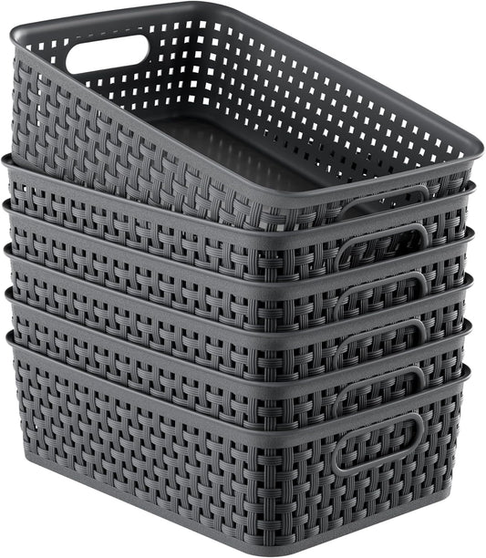 6 Pack Plastic Storage Baskets, Small Baskets for Organizing, Plastic Storage Bins Wicker Pantry Organizer Bins Household Toys for Laundry Room, Bedrooms, Kitchens, Cabinets, Countertops