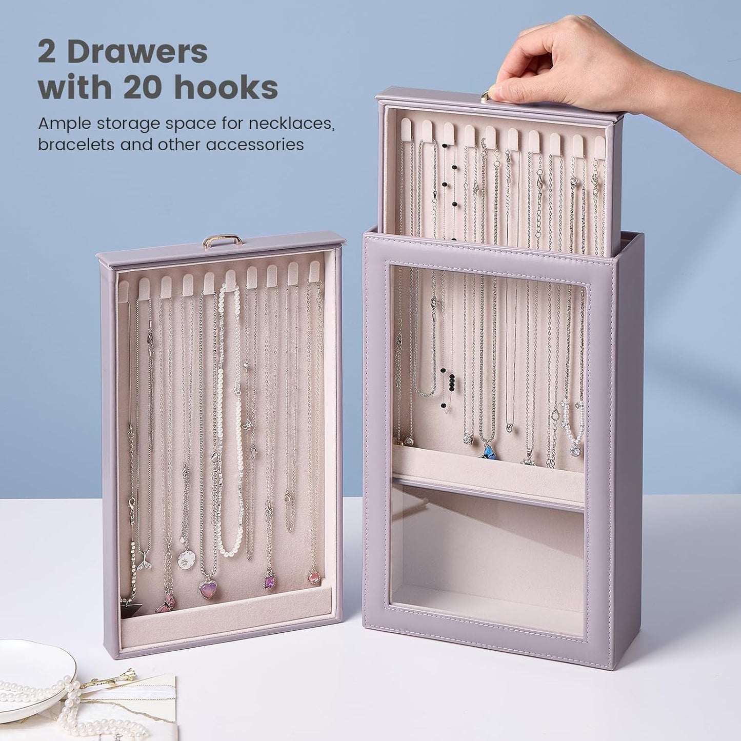 Lolalet Necklace Organizer Box, 2-Layer Jewelry Storage Boxes with Clear Lid for Necklaces, Tangle-Free Necklace Display Case for Women Girls -Dusty Purple