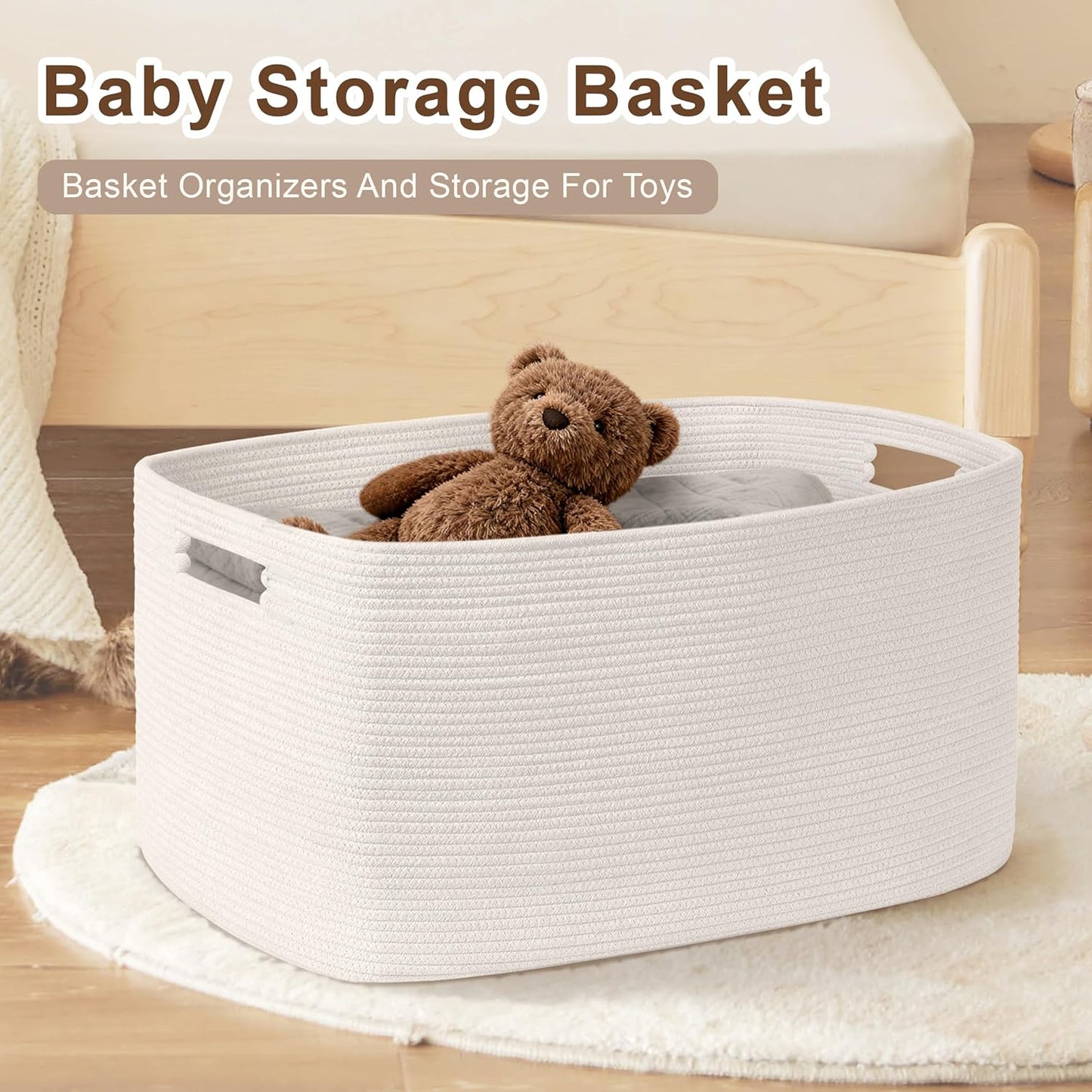 60L Small Baby Girls Laundry Basket for Nursery Storage,Cute Woven cotton Rope Baskets for Kids Toy，Gifts,Boho Square Wicker Blanket hamper for Living Room,Bedroom Dirty Clothes, White