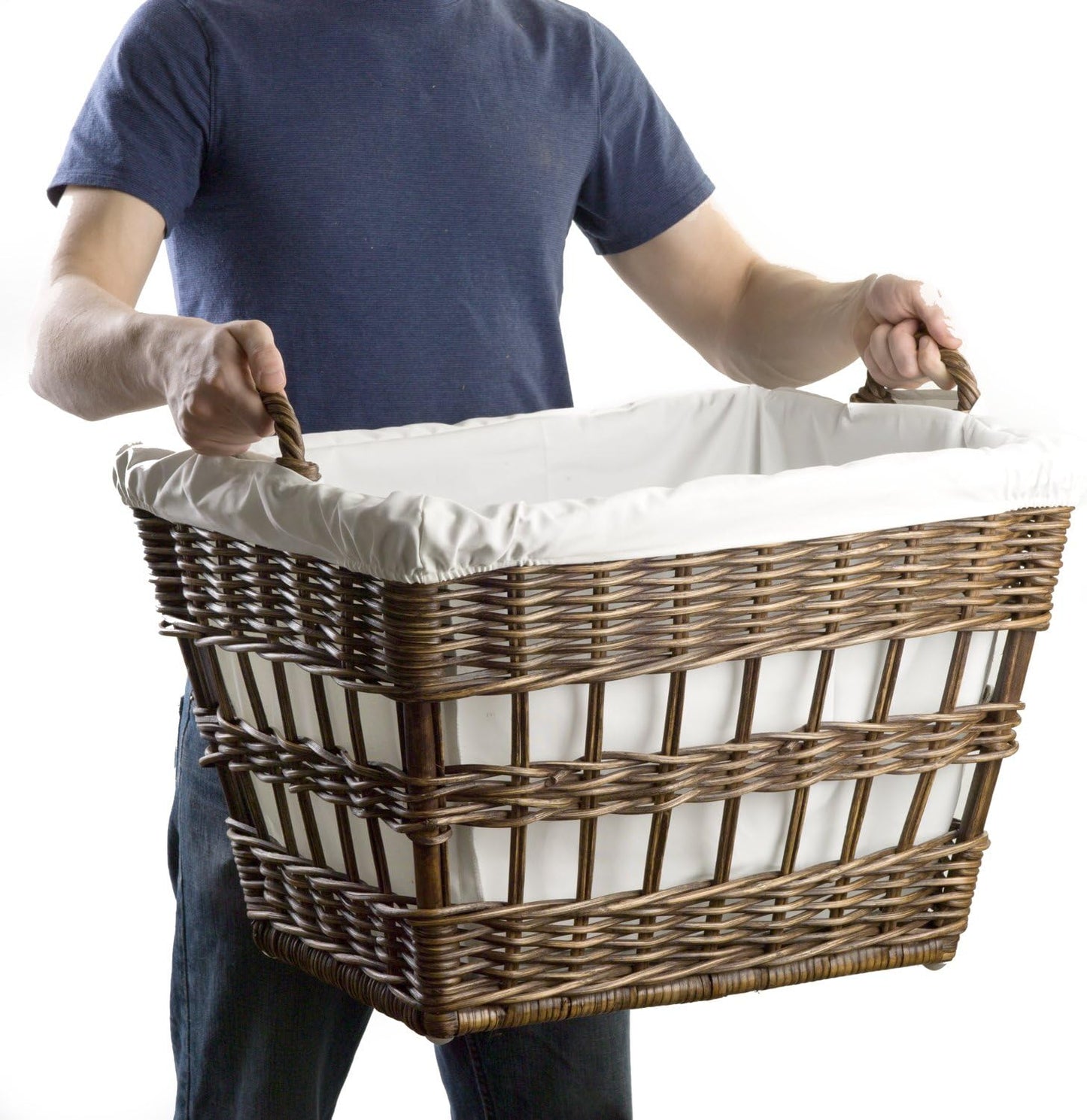 The Basket Lady Wicker French Laundry Basket, 23 in L x 18.5 in W x 18.5 in H, Antique Walnut Brown