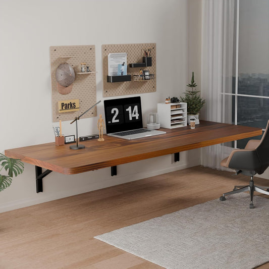 IAE Floating Wall Mounted Folding Table Desk with Pine Wood,55" x 22" Foldable Workbench,Fold Down Wall Mounted Foldable Desk with Shelf Brackets,Laundry Folding Table for Home,Dining,Kitchen,Teak