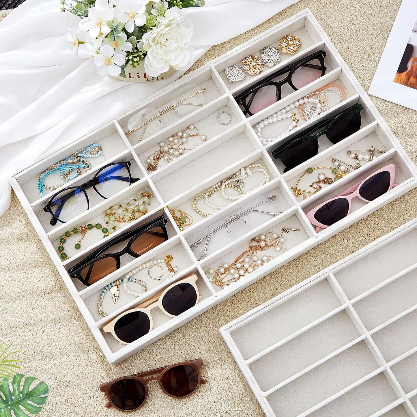 Amylove 2 Pcs Sunglass Organizer Trays Glasses Stackable Jewelry Trays Sunglass Organizer Display Box(18 Grids,Beige)