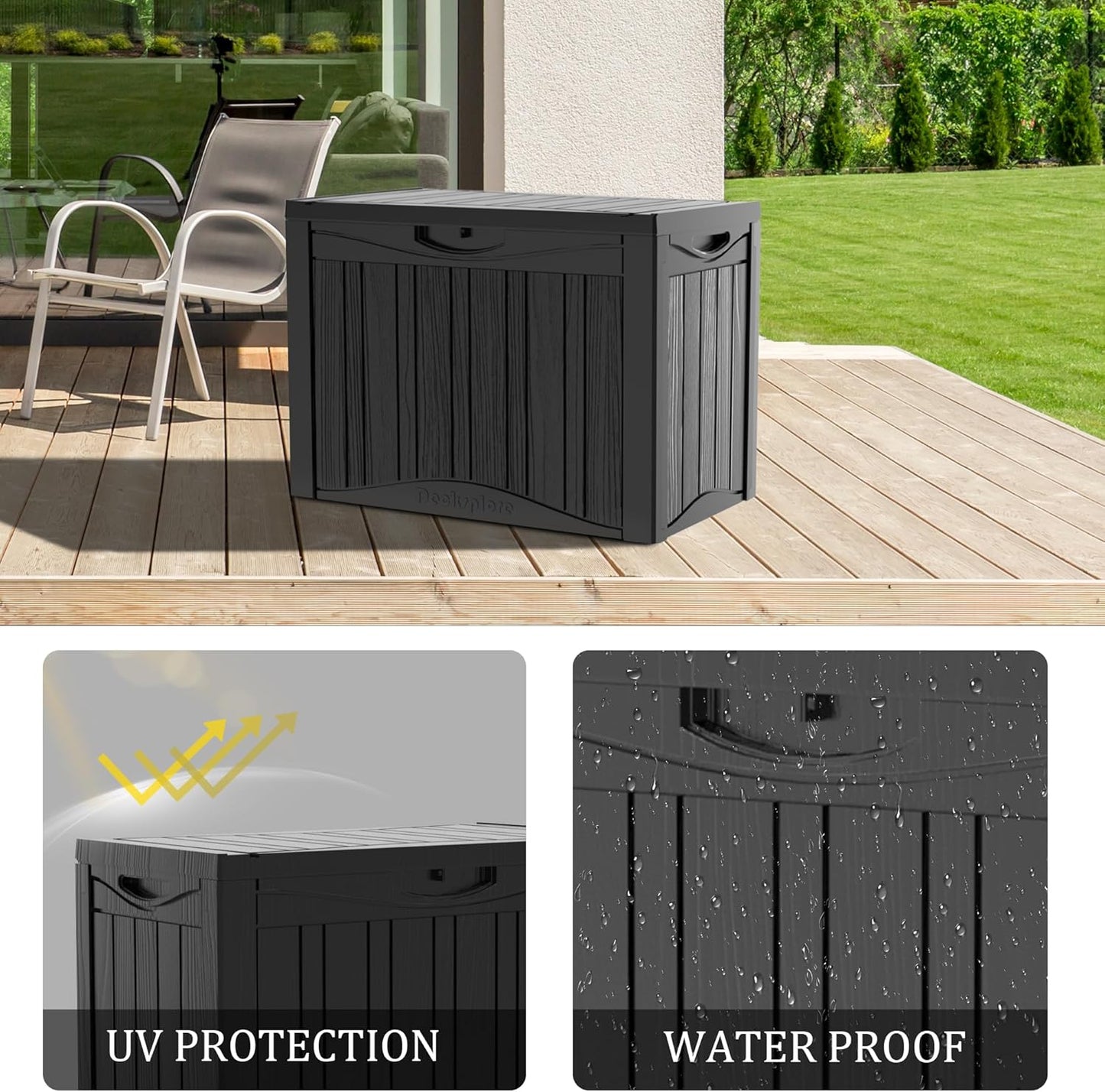 TARKARI 50 Gallon Lockable Resin Deck Box, Waterproof & UV-Resistant Outdoor Storage Box for Outdoor Cushion Storage, Garden Tools & Pool Accessories Storage, Black
