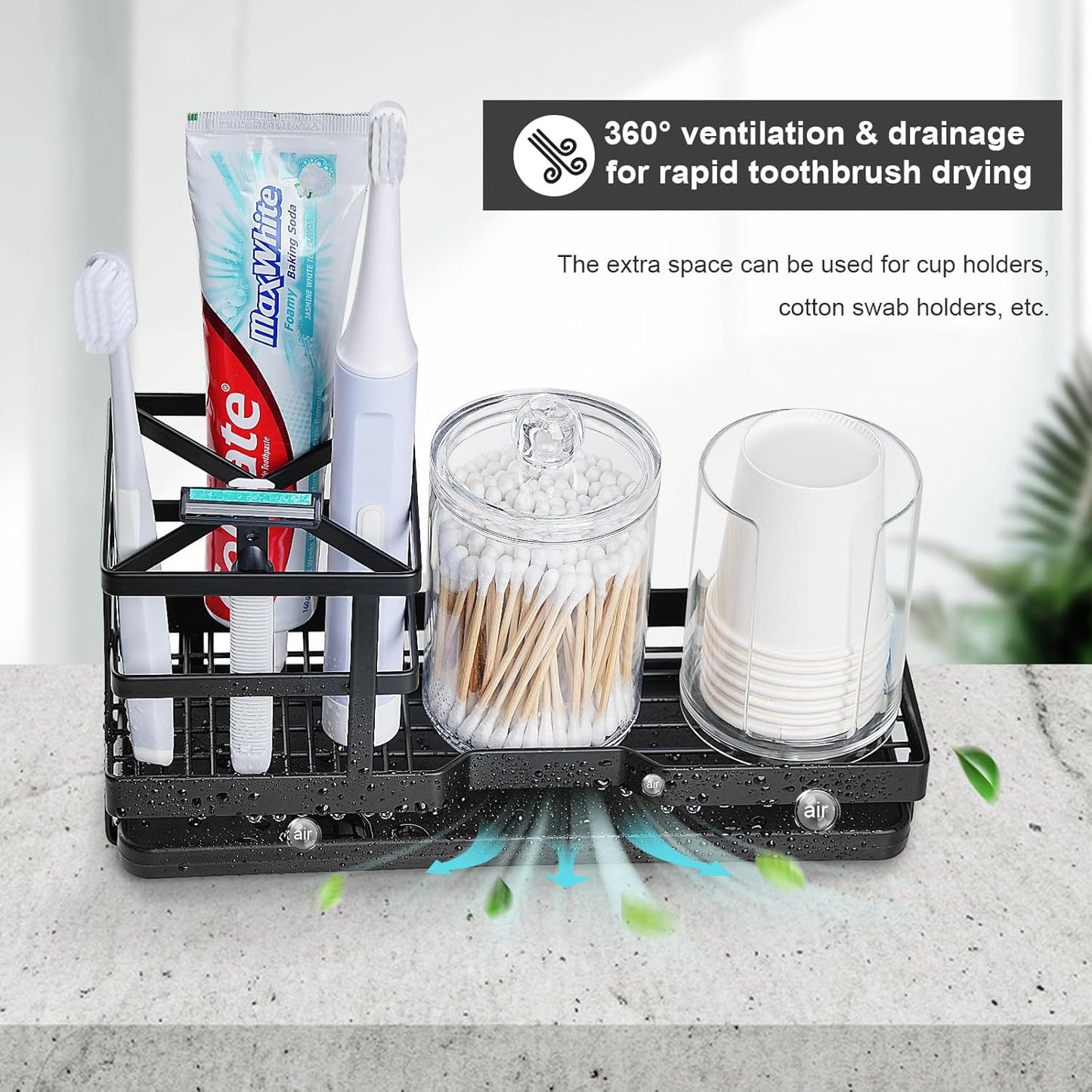 MYITYARD Toothbrush Holders for Bathrooms, Cotton Swabs & Cups Dispenser Set - Metal Electric Tooth Brushing & Toothpaste Countertop Organizer with Drainage for Shower, Sink - Black