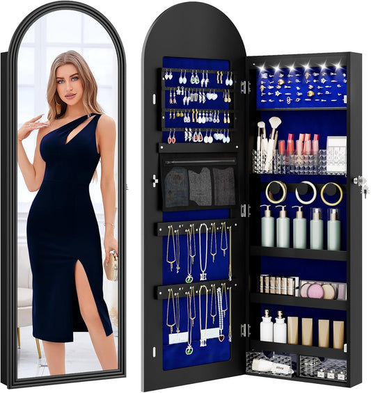 47in Tall Jewelry Cabinet Organizer, Arched Wall or Door Mounted Jewelry Armoire with Full-Length Mirror, 6 LEDS Lockable Hanging Mirror Cabinet with Storage, 2 Drawers, Women Girls Gifts,Black