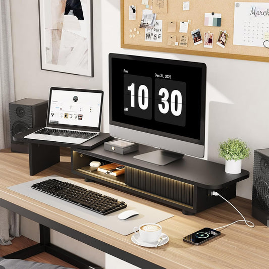 Artswish Adjustable Monitor Riser Stand with Power Outlet & Light Strip, Expand to 45 Inch, Computer Desk Shelf with Sliding Door, Desk Organization for Office, Gaming Room, with Storage, Black