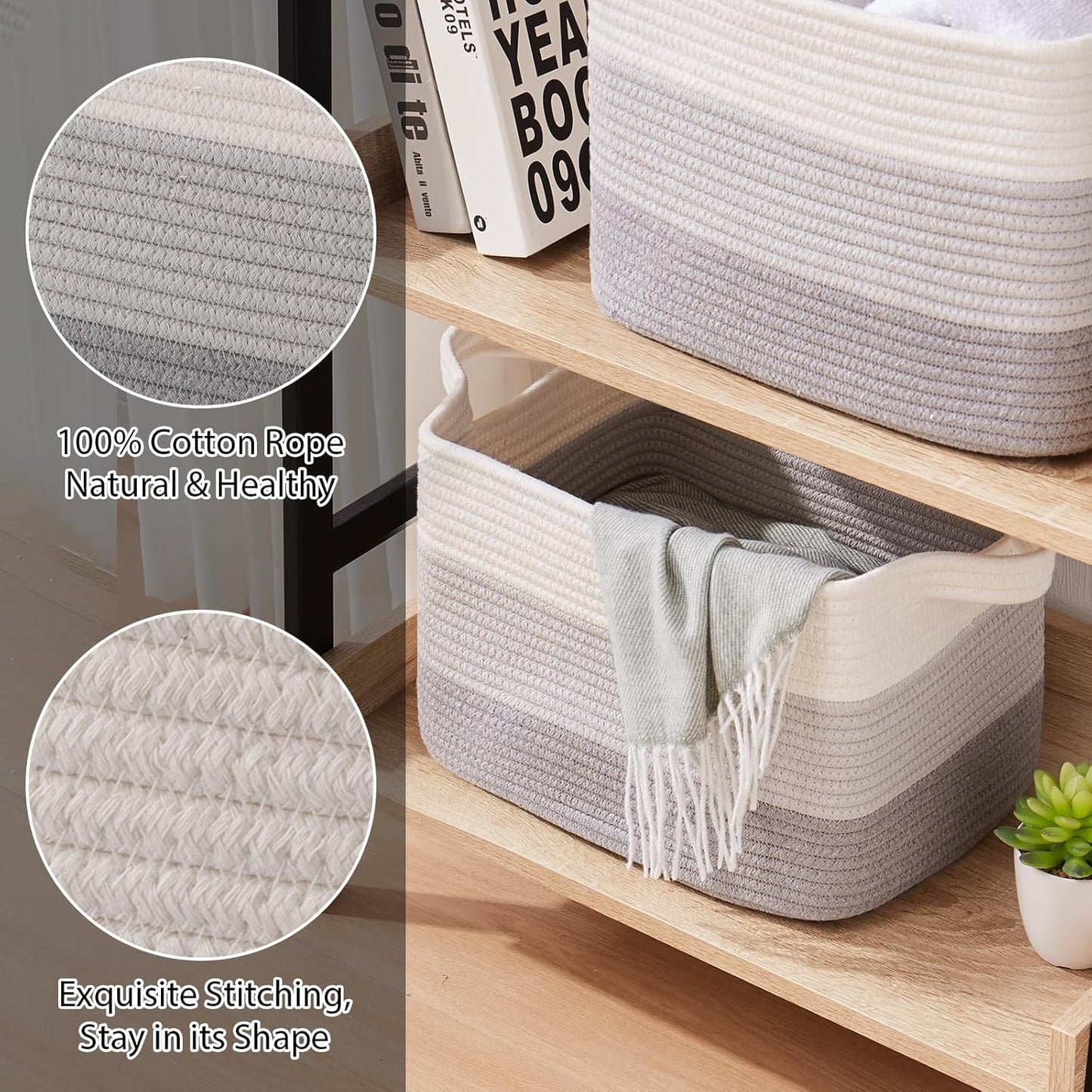 Storage Baskets for Organizing, Woven Baskets for Shelves, Rectangle Decorative Organizer for Storage Clothes, Toy, Books, Towels Nursery Bins 3 Pack (Gradient Grey, 13"x9.85"x8.7")