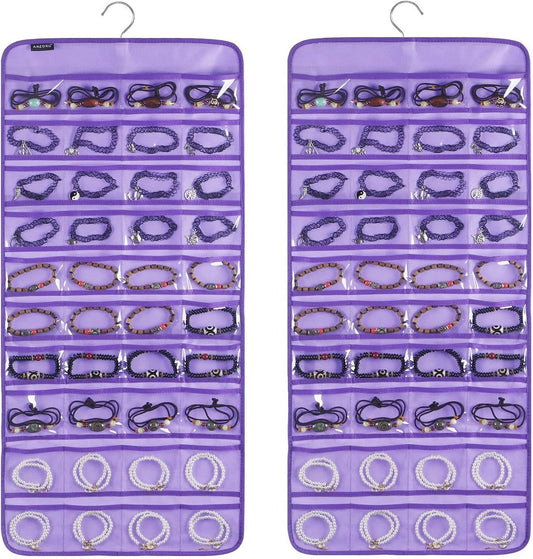 80 Pockets Hanging Jewelry Organizer for Holding Jewelries Dual-Sided Accessory Display Holder for Earrings Bracelets Rings (80 Pockets-Purple)
