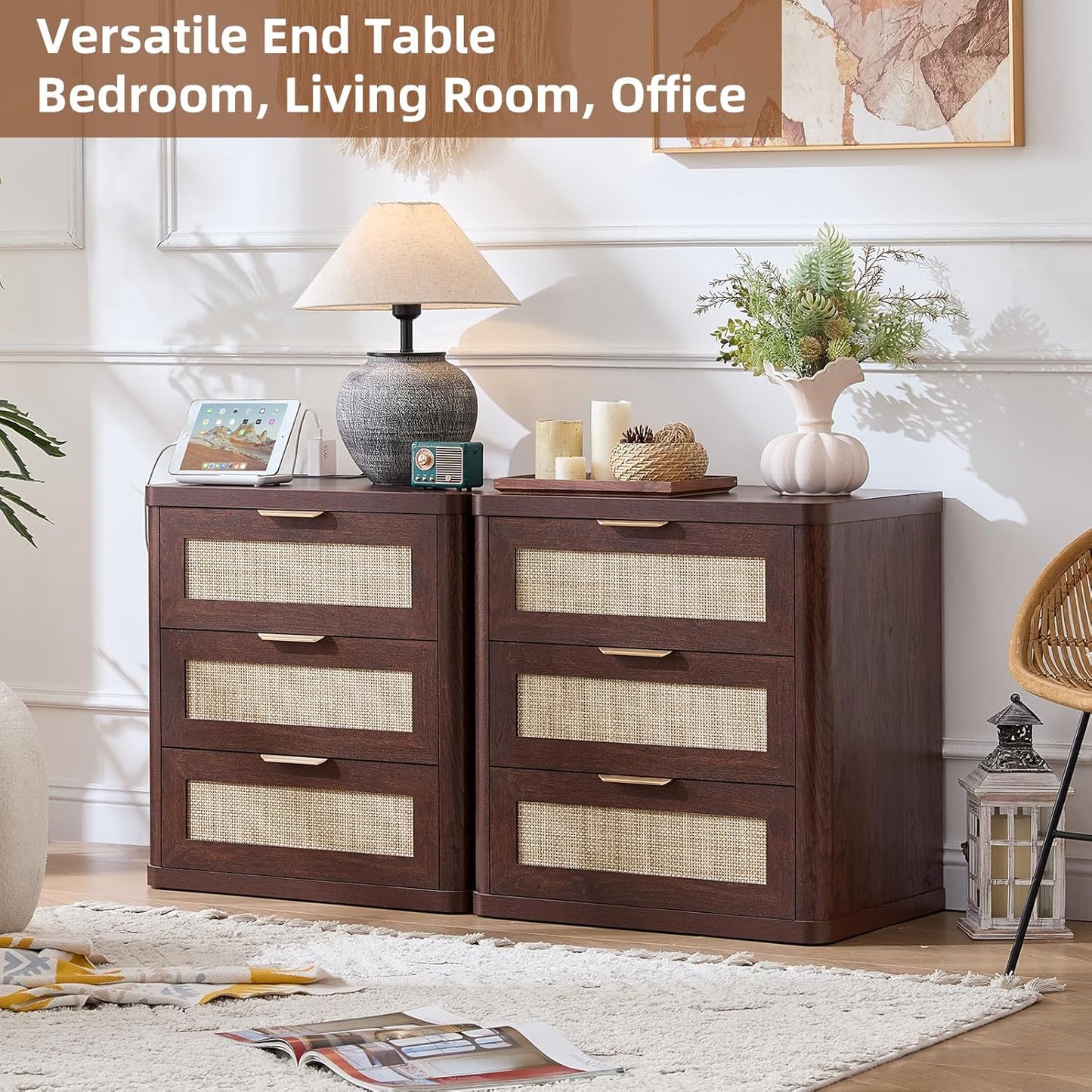 LEYAOYAO Rattan Night Stand with Charger Station, 23" Large 3 Drawer Boho Nightstand, Walnut Bedside Table Storage Cabinet, Bed Side End Tables for Bedroom, Living Room, Hallway