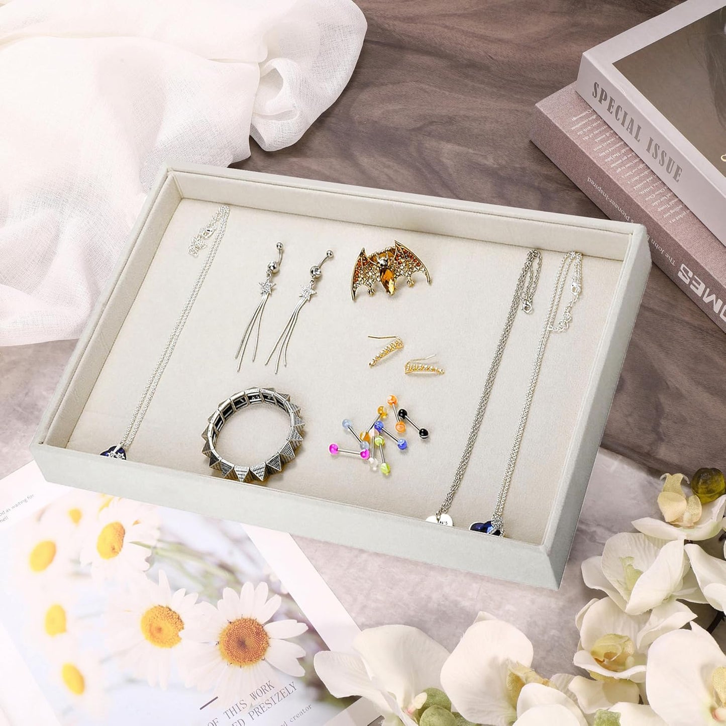 Mornajina 13.8" x 9.5" Velvet Jewelry Tray Jewelry Display Tray Flat Tray, Stackable Empty Plate Trays for Earrings Necklaces Bracelet Rings Display Showcase - Beige