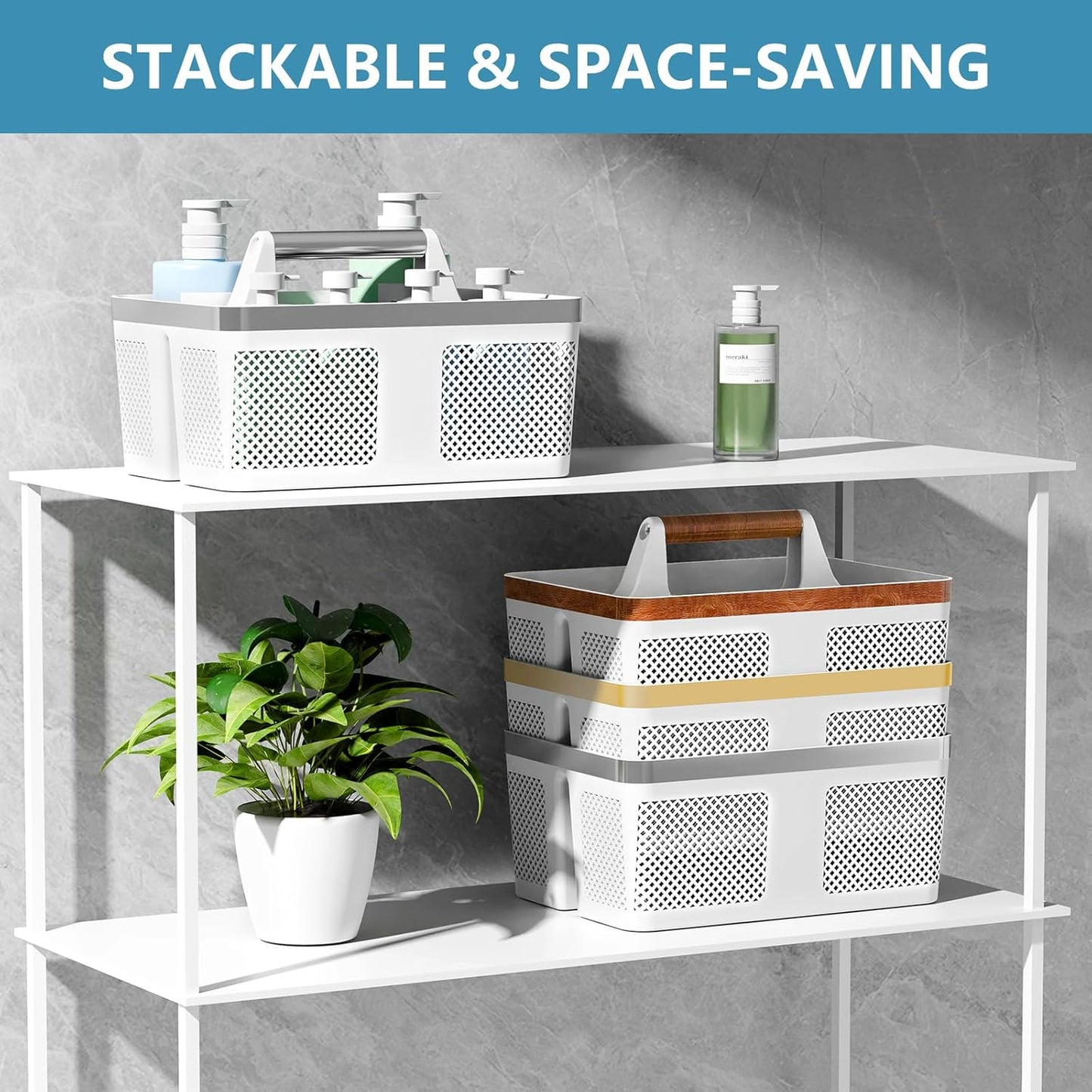 Plastic Shower Caddy Dorm: Portable Bathroom Caddy Organizer with Handle and Holes, Cleaning Basket, Hard Shower Basket Storage Tote for Toiletry, College Dorm Room Essentials White/Silver