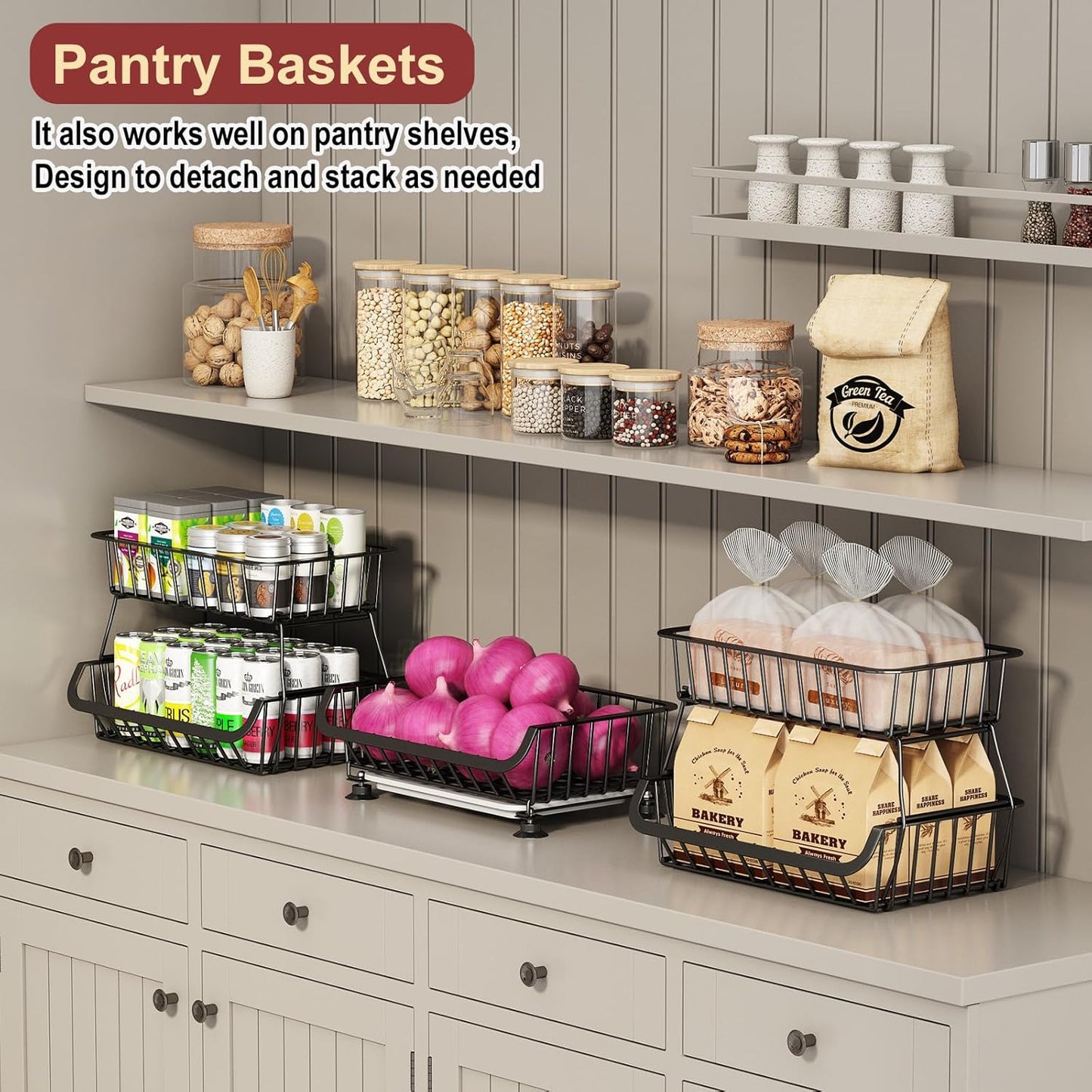 Miyawell 3-Tier Rolling Pantry Cart with Wheels, Stackable Wire Storage Floor Organizer for Kitchen Pantry Snack Shelves, Fruit Basket Stand, Vegetable Storage Rack for Food Snacks Onion Potato