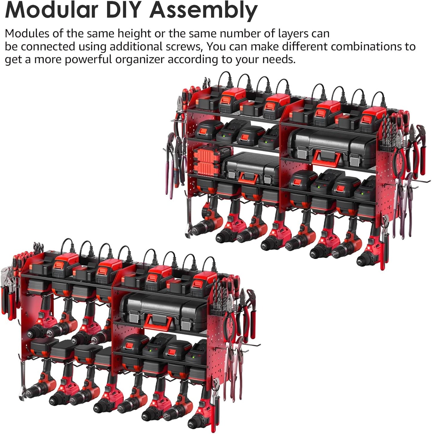 CCCEI Modular Pegboard Rack Power Tool Organizer with Charging Station. 4 Layer Wall Mount Drill Holder, Red Tool Battery Charger Organizer. Garage Shop Storage Utility Shelf with 10FT Power Strip.