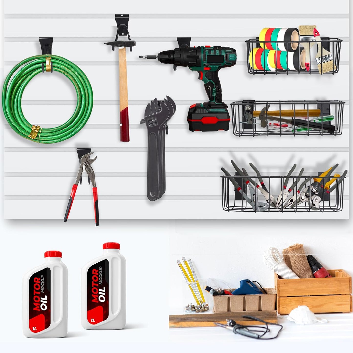 Heavy-Duty Slatwall Baskets and Hooks - Slatwall Accessories for Standard Slatwall Panels | Ideal for Organizing Garages and Workshops