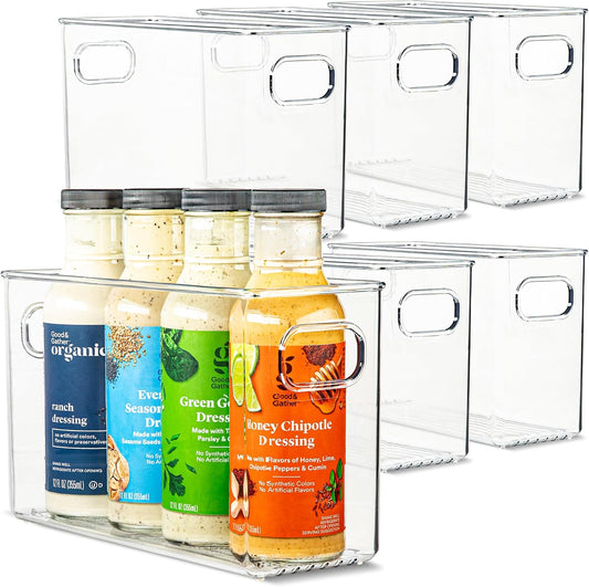 primebox Plastic Food Storage 6 Pack Clear Container Bin with Handles for Organizing Kitchen, Pantry, Refrigerator, Freezer, Pantry, Cabinet, Closet, Bathroom. 10”x4”x6”