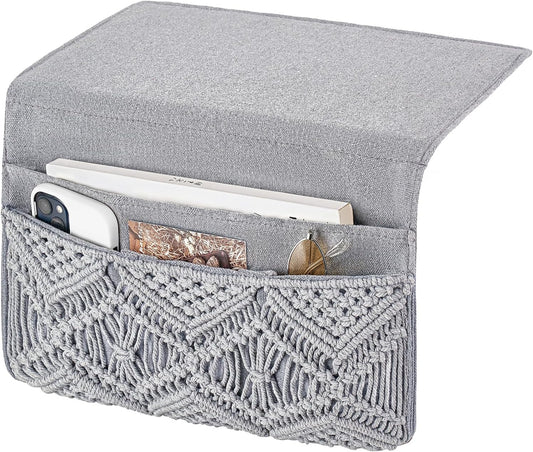 Mkono Macrame Bedside Caddy Storage Organizer Boho Remote Control Tablet Magazine Holder with 4 Pockets Non-slip Countertop Bedside Caddy for Home Bedroom Living Room College Dorm Bed, Grey