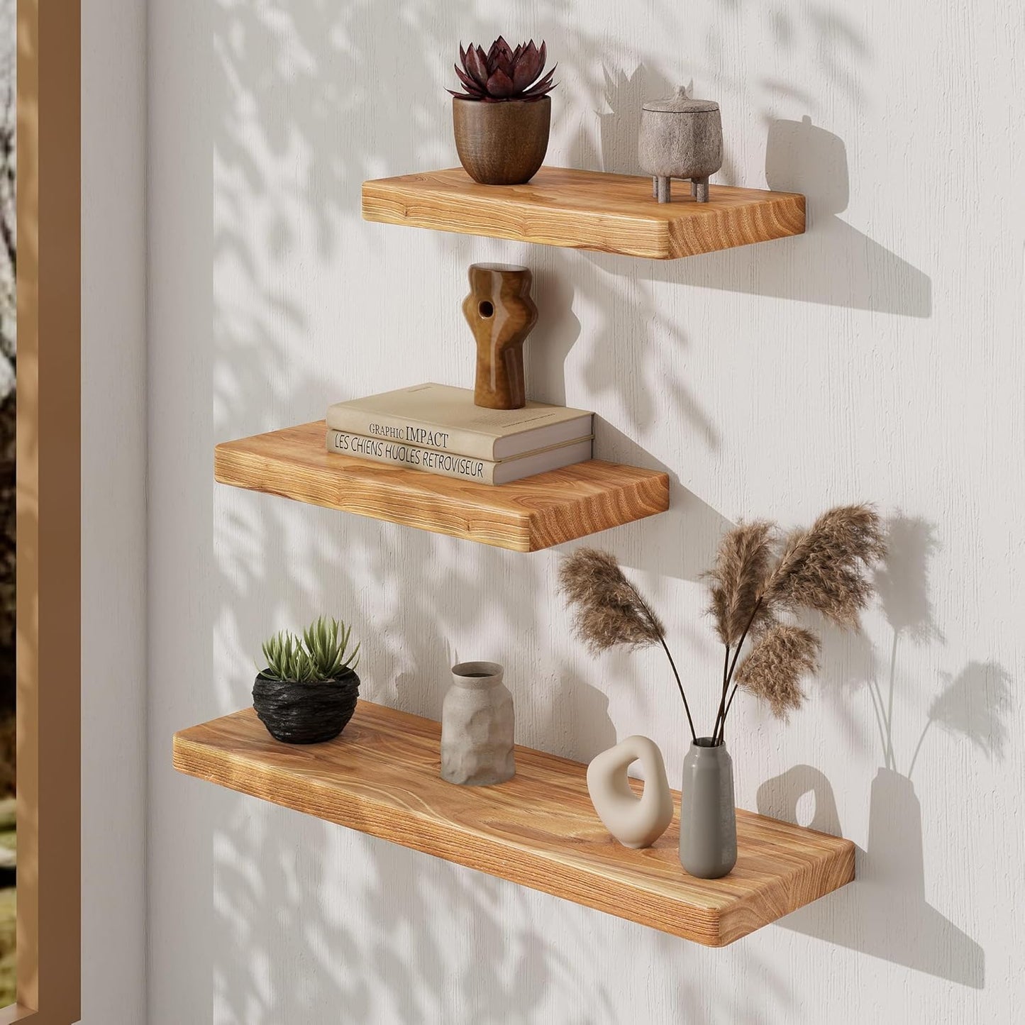Floating Shelves 30" W x 8" D, Solid Elm Wood Shelves for Wall, 8 Inch Deep Floating Shelves for Home Storage & Display, Rustic Wooden Bathroom Shelves 30 Inch Long, Set of 2, Heavy-Duty Bookshelf