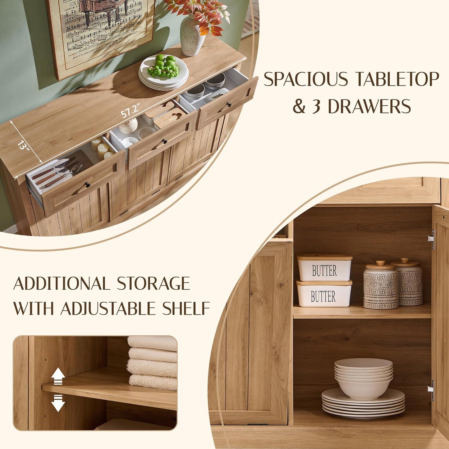 Triple Tilt Out Trash Can Cabinet, 20 Gallon Farmhouse Laundry Hamper Cabinet w/3 Drawers & Adjustable Shelf, Hidden Wooden Trash Can Cabinets with Storage Basket for Kitchen (Natural)