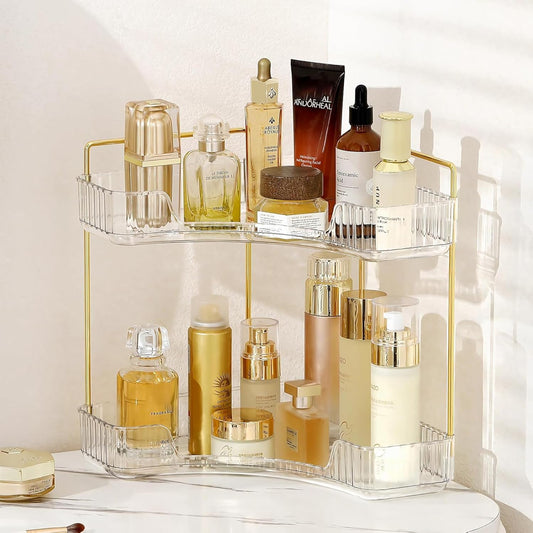 Corner Bathroom Countertop Organizer, Vanity Trays for Counter, Makeup Organizers, Perfume Tray, Kitchen Spice Rack, (Clear, 2 Tiers)