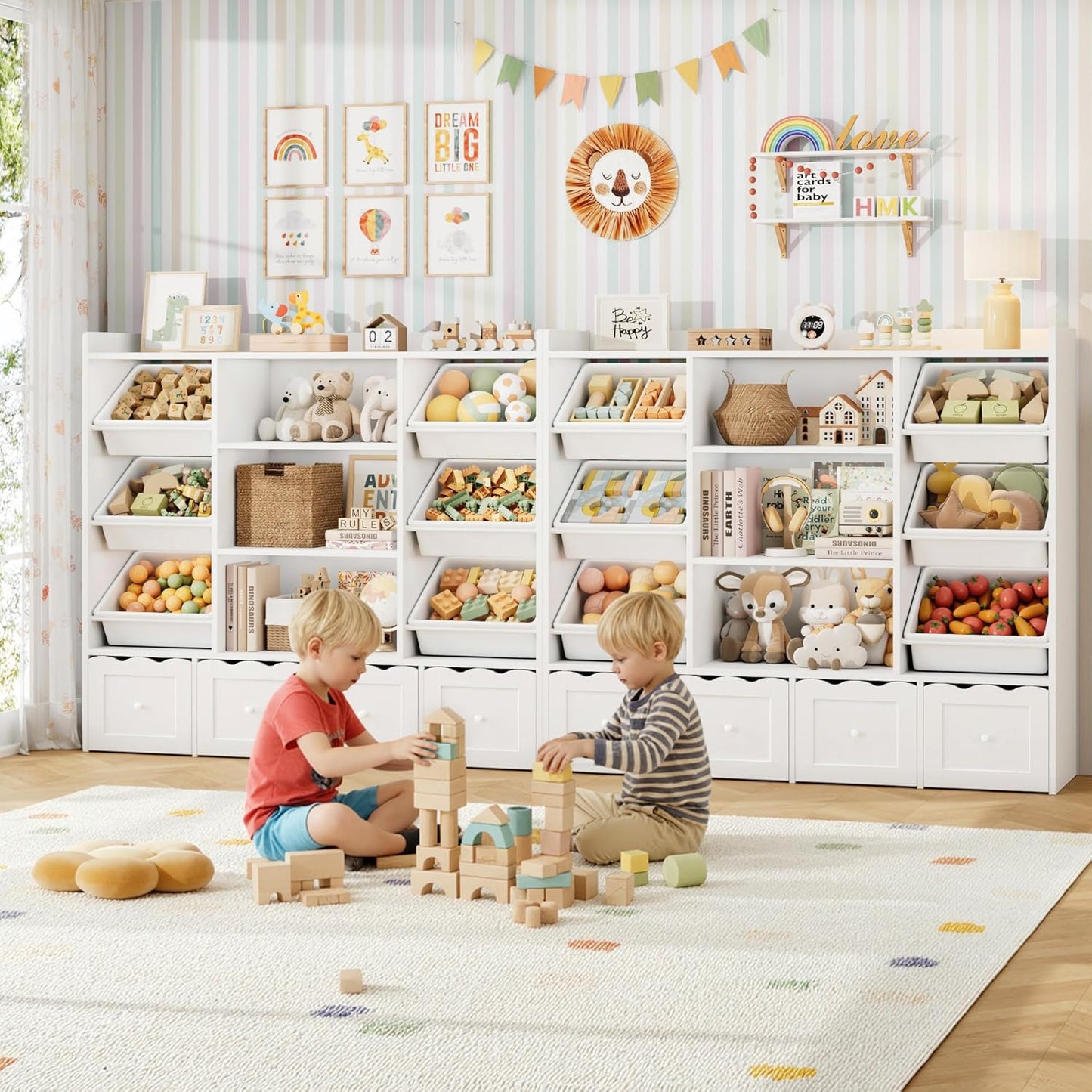 HITHOS 55" W Kids Toy Storage Organizer, Large Toy Box with Bookshelf, Toy Chest with 3 Cubes Storage Organizer, 6 Toy Organizers and Storage Bins, 4 Rolling Drawers for Kids Room, Playroom, White