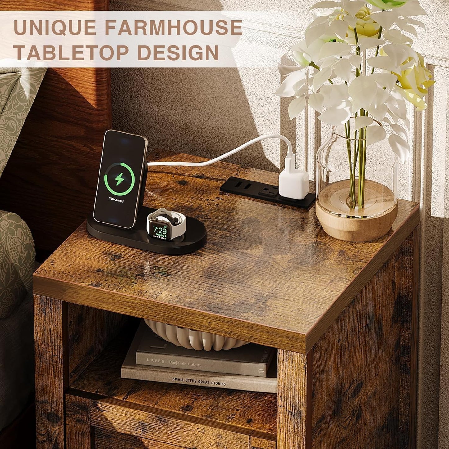 Farmhouse Nightstand with Charging Station, Couch Side Table Set of 2, Bedside Table with Storage Space, End Tables with Barn Door, Bed Side Tables for Living Room and Bedroom, Rustic Brown