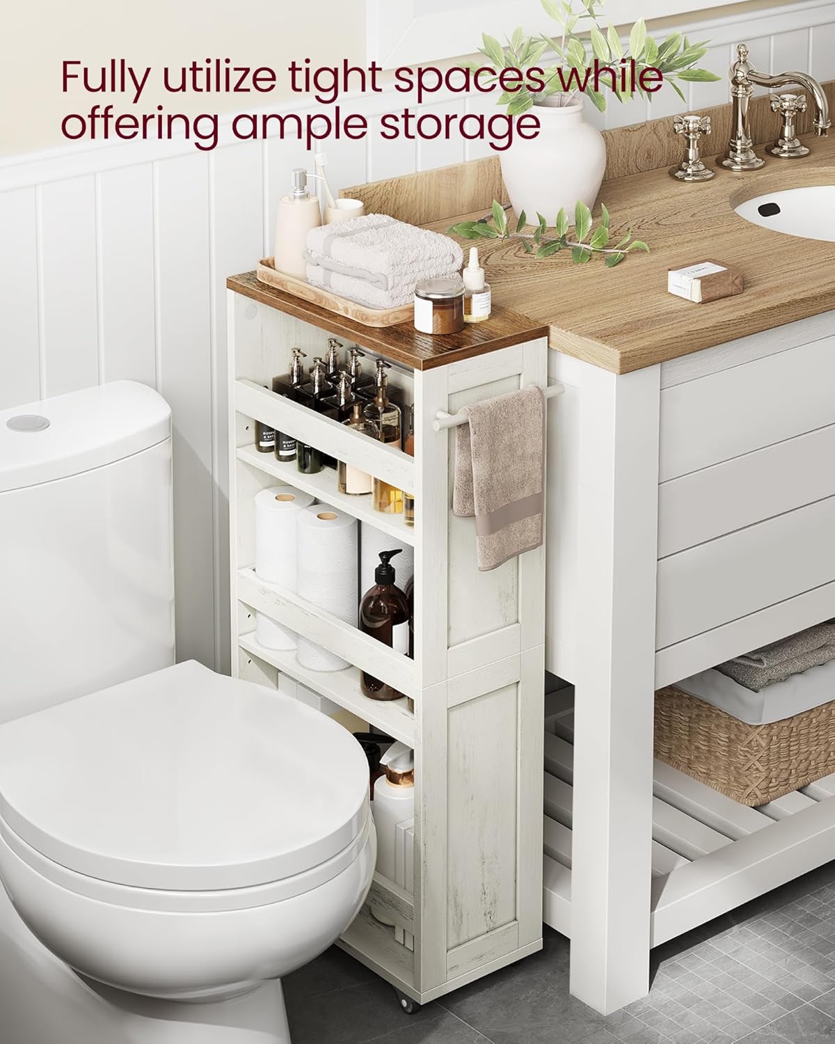 VASAGLE 4-Tier Slide-Out Storage Cart, Slim Kitchen Cart for Small Spaces, with Wheels, Handle, Bathroom, Laundry Room, 7.9 x 17 x 34.1 Inches, Rustic White and Honey Brown ULRC051K01