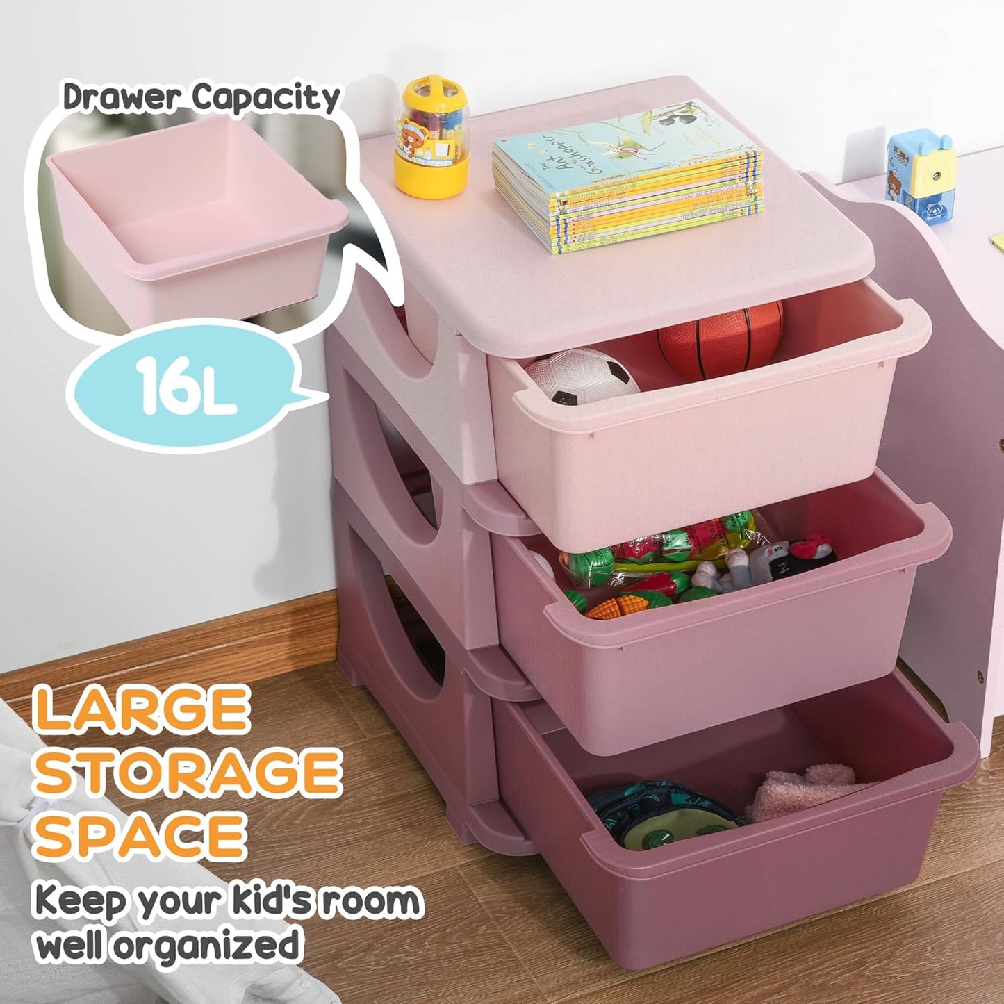 Qaba 3 Tier Kids Storage Unit, 3 Drawer Chest Toy Organizer Plastic Bins for Kids Bedroom Nursery Kindergarten Living Room for Boys Girls Toddlers, Pink