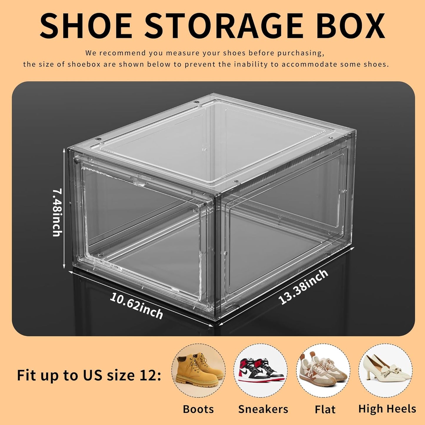 Shoe Storage Boxes Organizers Clear Acrylic Stackable 6 Pack, Shoe Rack & Holder Substitute, Sneaker Containers, Toy Storage Organizer Bins for Entryway, Closet, Under Bed (Black, L)