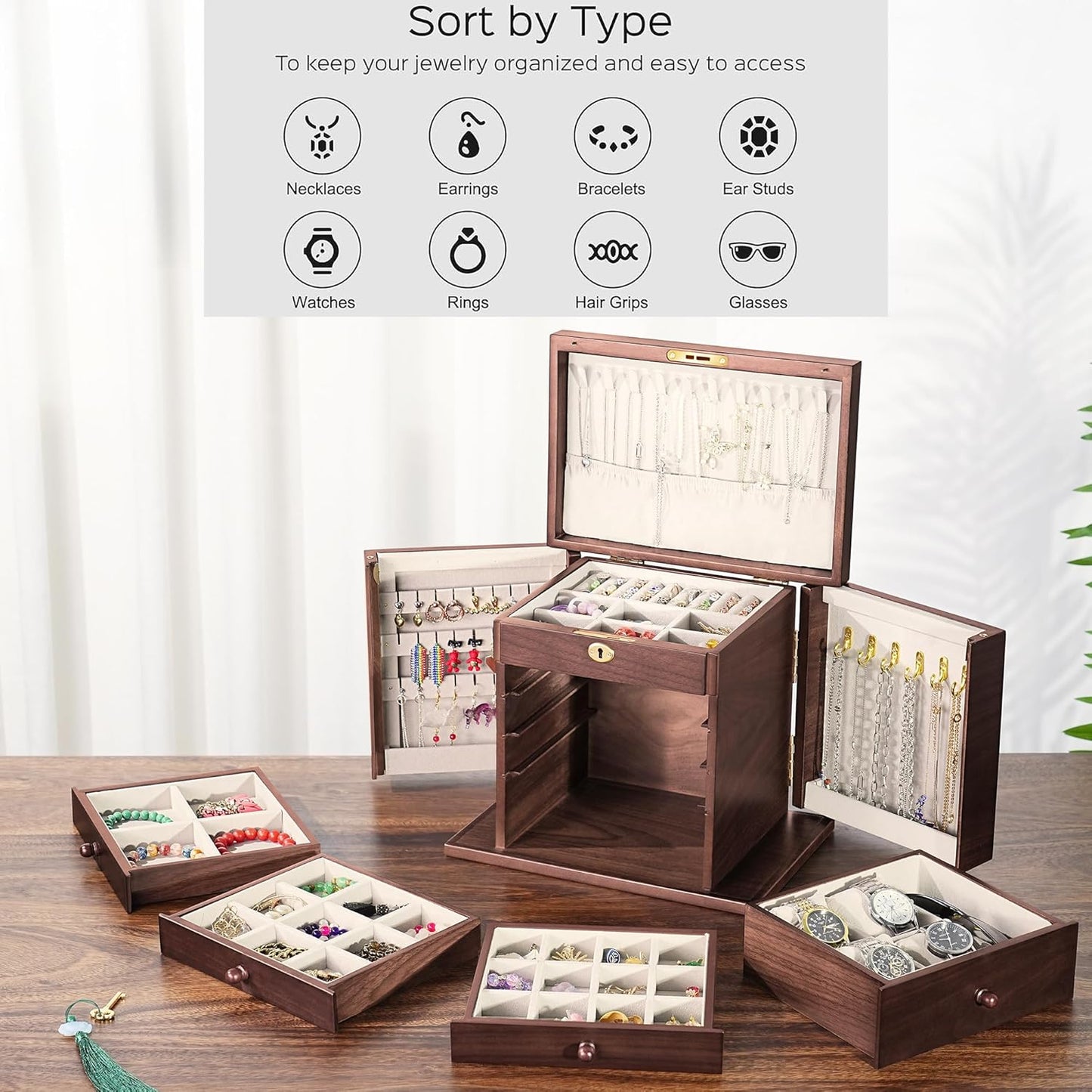 Wooden Jewelry Boxes for Women with Lock,Large Capacity Jewelry Boxes & Organizers,Vintage jewelry organizers and storage,dresser top jewelry organizer,Gift for Wives & Mothers