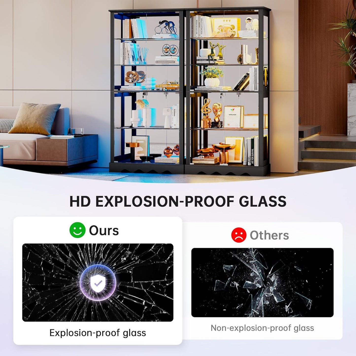 Display Cabinet with Glass Doors, 71'' Tall Curio Cabinet with RGB Lights for Collectibles, LED Display Case with Removable Shelf for Book/Medal/Figure, Black