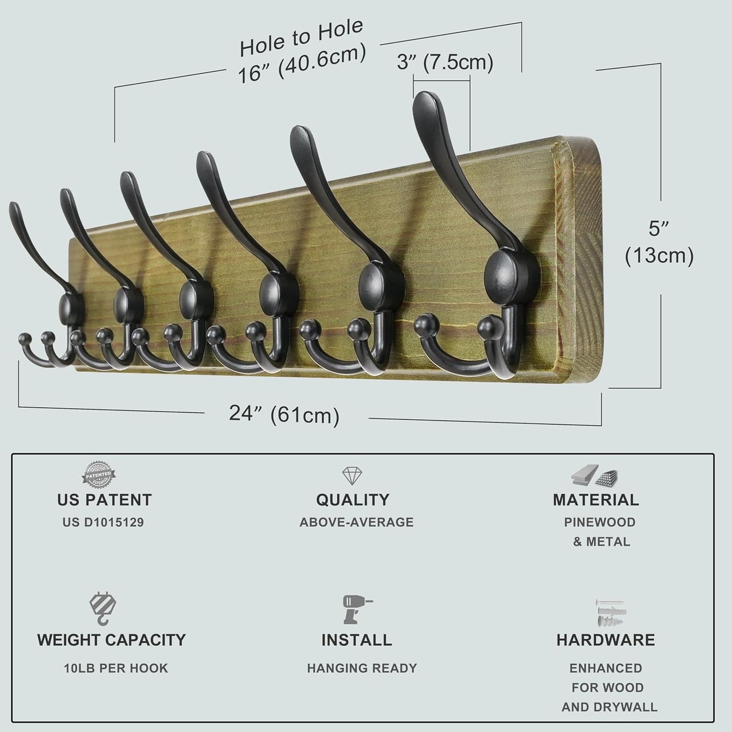 Dseap Coat Rack Wall Mounted - 24" Long 6 Tri Hooks, Heavy Duty Wooden Wall Coat Hanger Coat Hook for Clothes Hat Jacket Clothing, Weathered Green and Black, Pack of 2