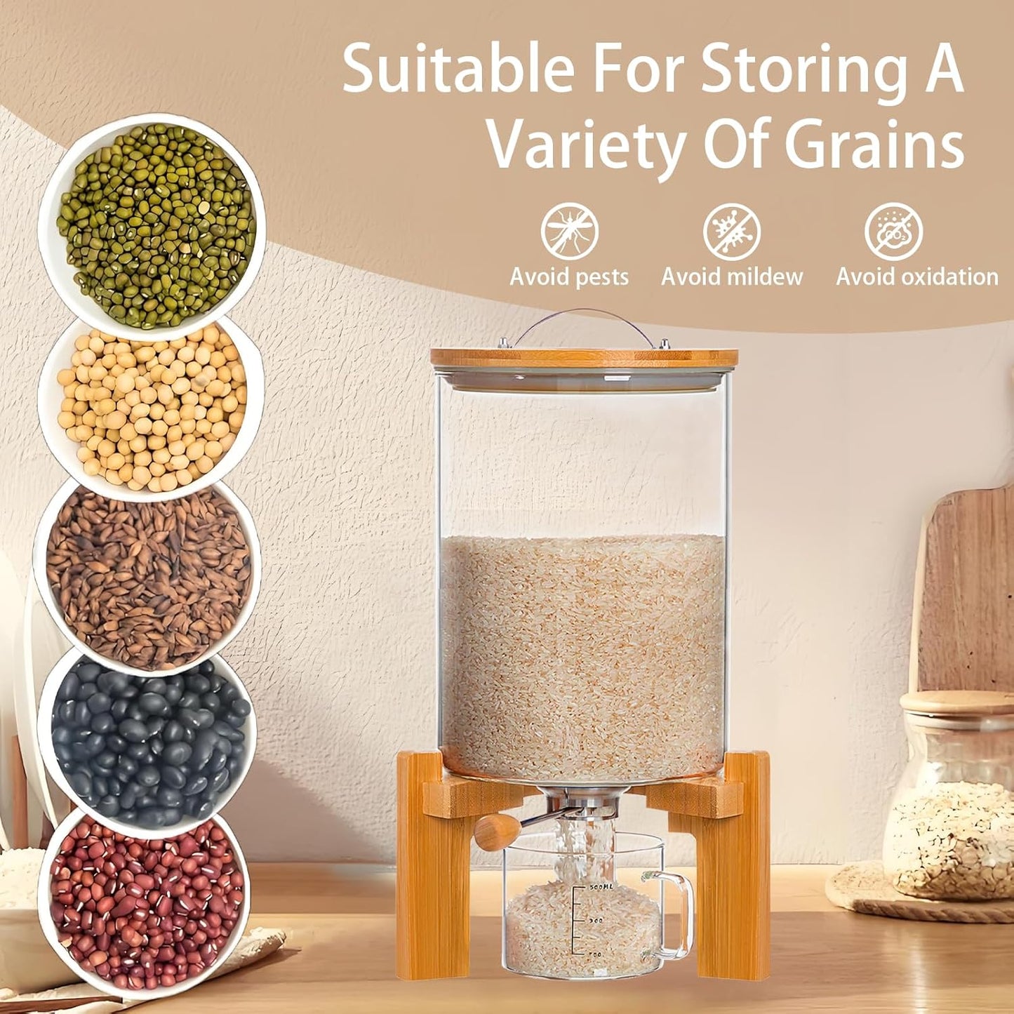 Rice Dispenser, Rice Storage Container, Flour and Cereal Container for Kitchen Organization and Pantry Store, Glass Cereal dispenser with Airtight Lid and Wooden Stand 5L