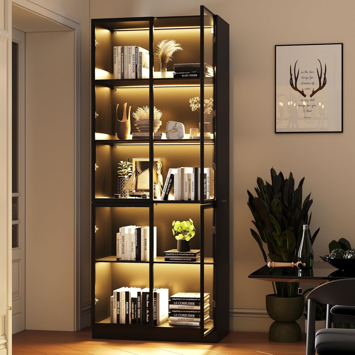 Wooden Display Storage Cabinet with Glass Door, LED Lights,Showcase for Collections, Perfume, Vinyl Albums, Bookcase for Home Office, Living Room, Clinic, Pantry (5 Layers-Black)