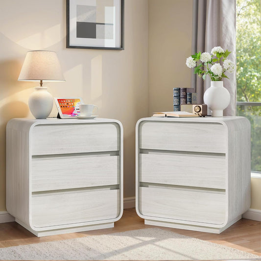 White Nightstand Set of 2 with Charging Station, 23.2" Wide Wood Bedside Table, Modern Dresser End Table with 3 Storage Drawers, Curved Profile, Mid Century Night Stand for Bedroom Dorm