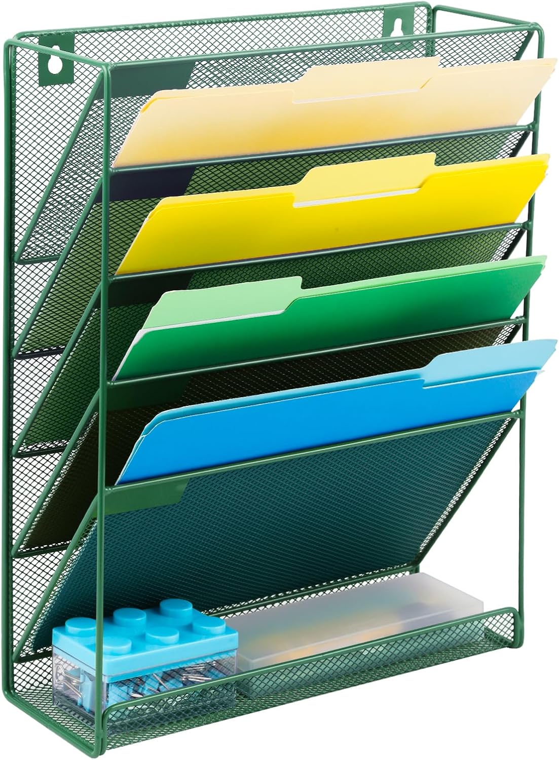 EASEPRES Desk File Organizer Mesh 6-Tier, Hanging Wall Mount Document Organization Stand, Desktop Vertical Mail Paper Folder Holder Rack with Bottom Tray for Office Home Cubicle Countertop, Dark Green