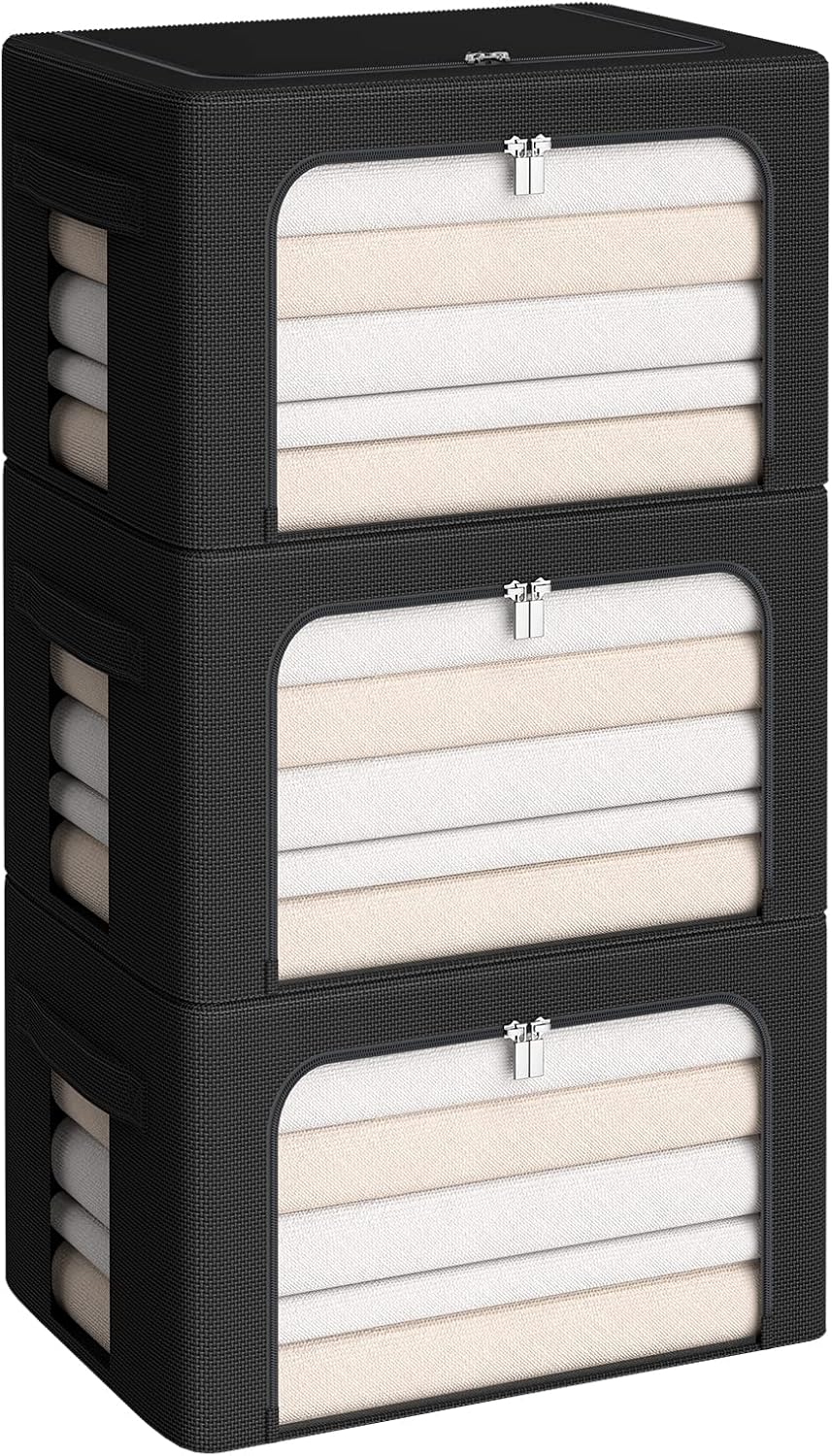 CYhom 3Pack Frame Storage Box - Clothes Storage Bin Bags Oxford Fabric Foldable Stackable Container Organizer Set with Clear Window & Carry Handles (Black, X-Small-36L)