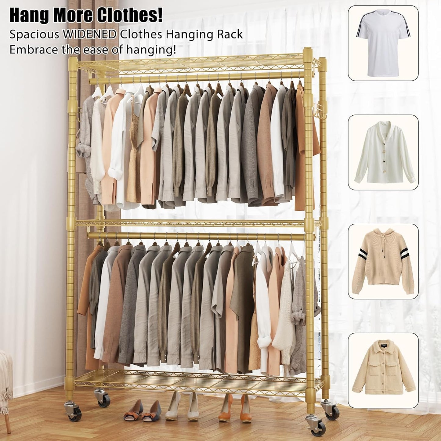 BATHWA Heavy Duty Garment Rack on Wheels, Rolling Clothes Racks for hanging clothes, Modern Closet Wardrobe Clothing Rack with 8 Side Hangers, Gold