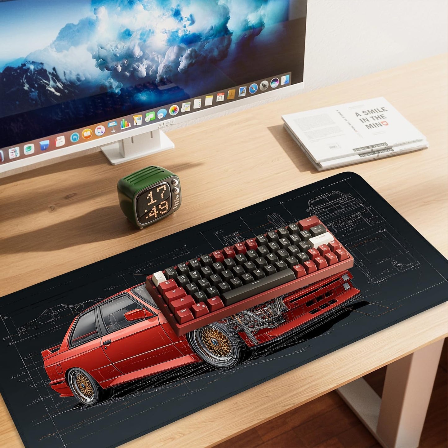 Retro Car Blueprint Mouse Pad – Large Extended Desk Mat 35.43 x 15.75 in – Classic Red Tuner Car Cutaway with Engine Diagram, Waterproof Surface, Non-Slip Rubber Base, Keyboard & Mouse Pad