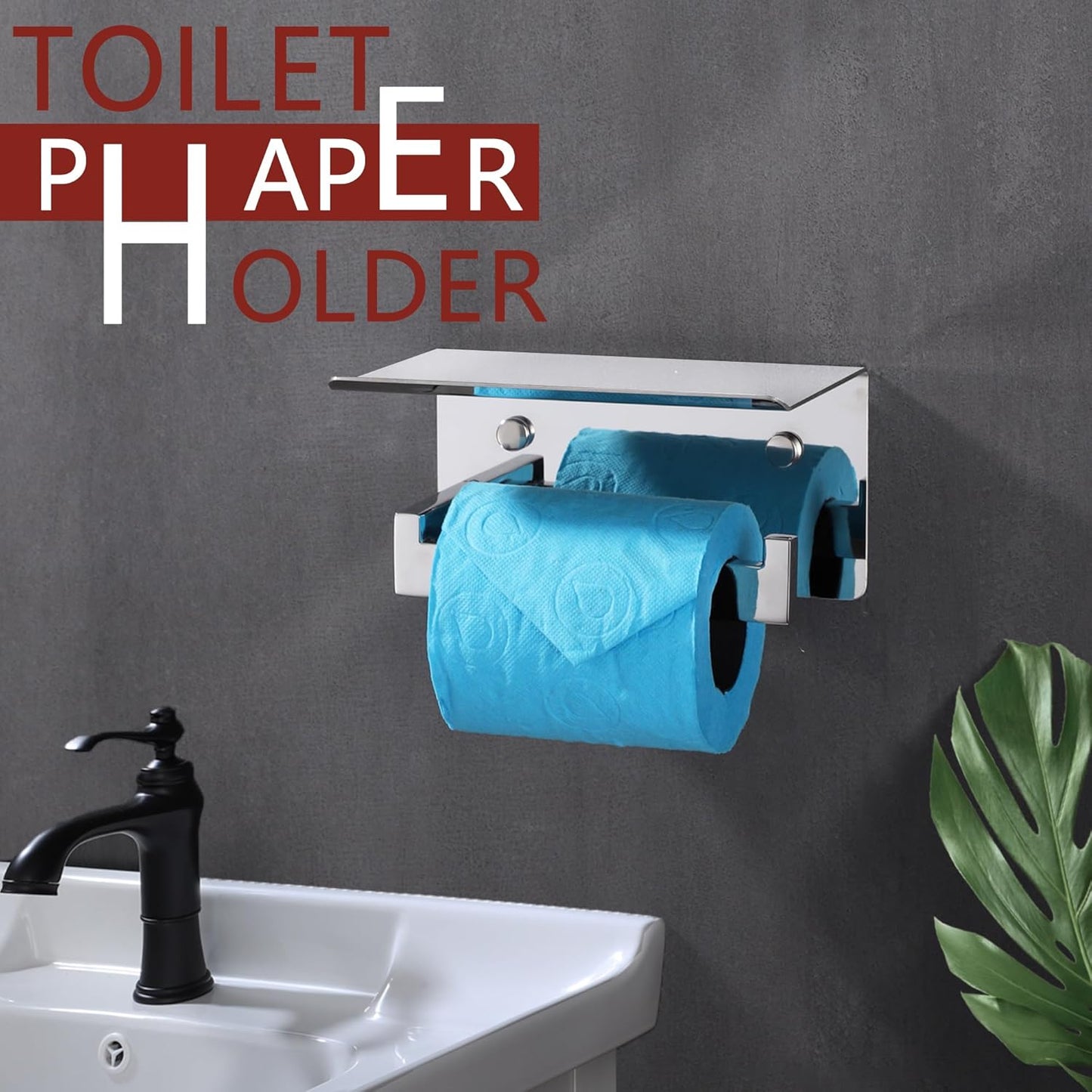 LANC Toilet Paper Holder with Shelf Silver Chrome Toilet Tissue Roll Holder with Wipes Shelf for Washroom Wall Mounted or Self-Adhesive Toilet Paper Roll Holder Stainless Steel, A8367CP