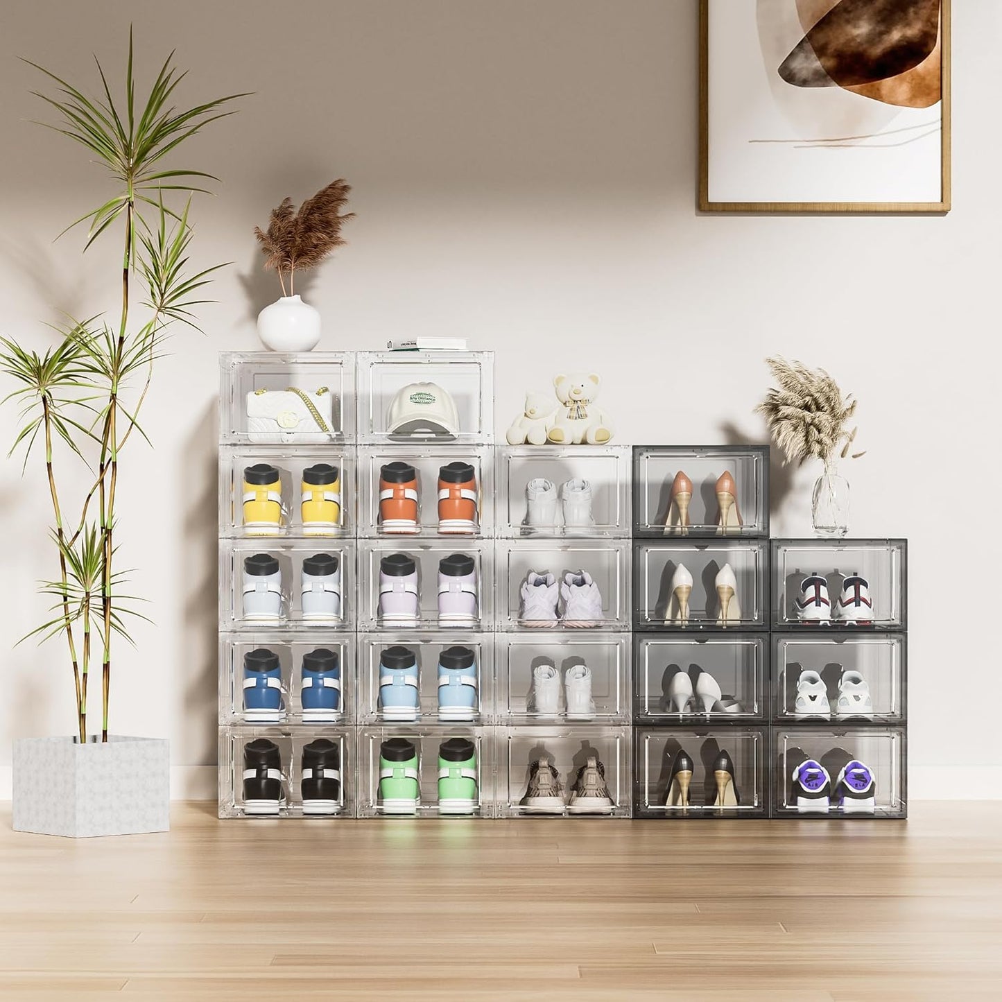 Shoe Storage Boxes Organizers Clear Acrylic Stackable 6 Pack, Shoe Rack & Holder Substitute, Sneaker Containers, Toy Storage Organizer Bins for Entryway, Closet, Under Bed (Black, L)