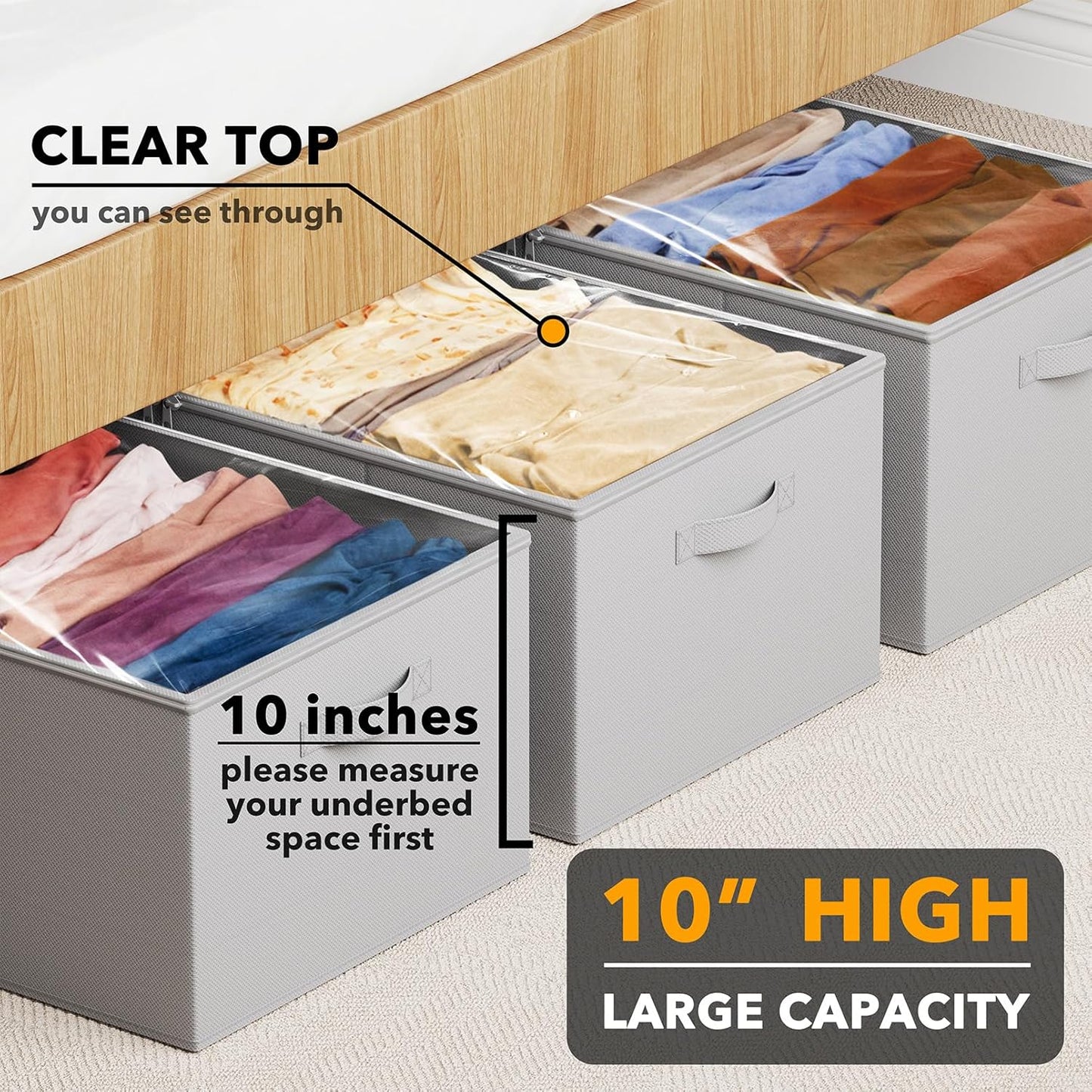SpaceAid 3 Pack 10" High Under Bed Storage Containers, Large Underbed Storage Organizer Bins with Lids for Bedroom, Dorm, Clothes, Closet Organization, Bed Sheets and Blankets (Gray)