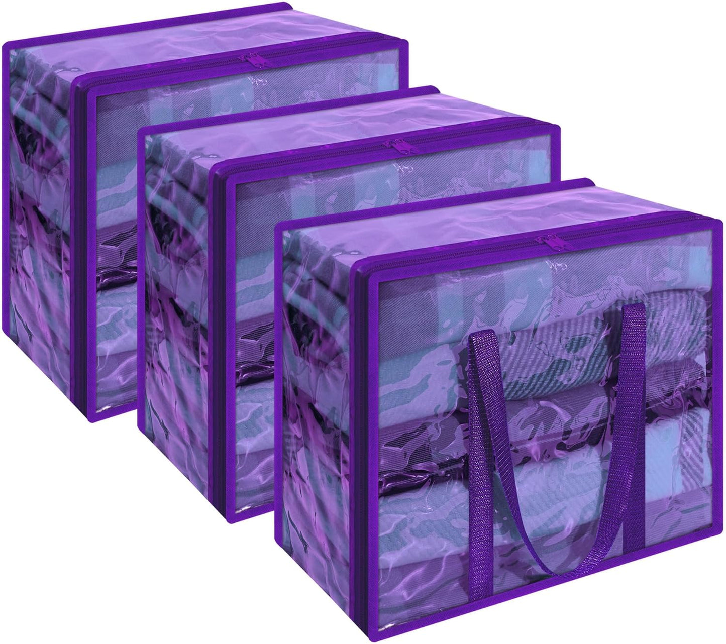 Vieshful Purple 40L Clear Clothes Storage Bag Colorful Clothes Organizer with Zipper Vinyl Storage Bag for Comforter, Blanket, Bedding, Duvet, Transparent Moving Totes 3 Pack