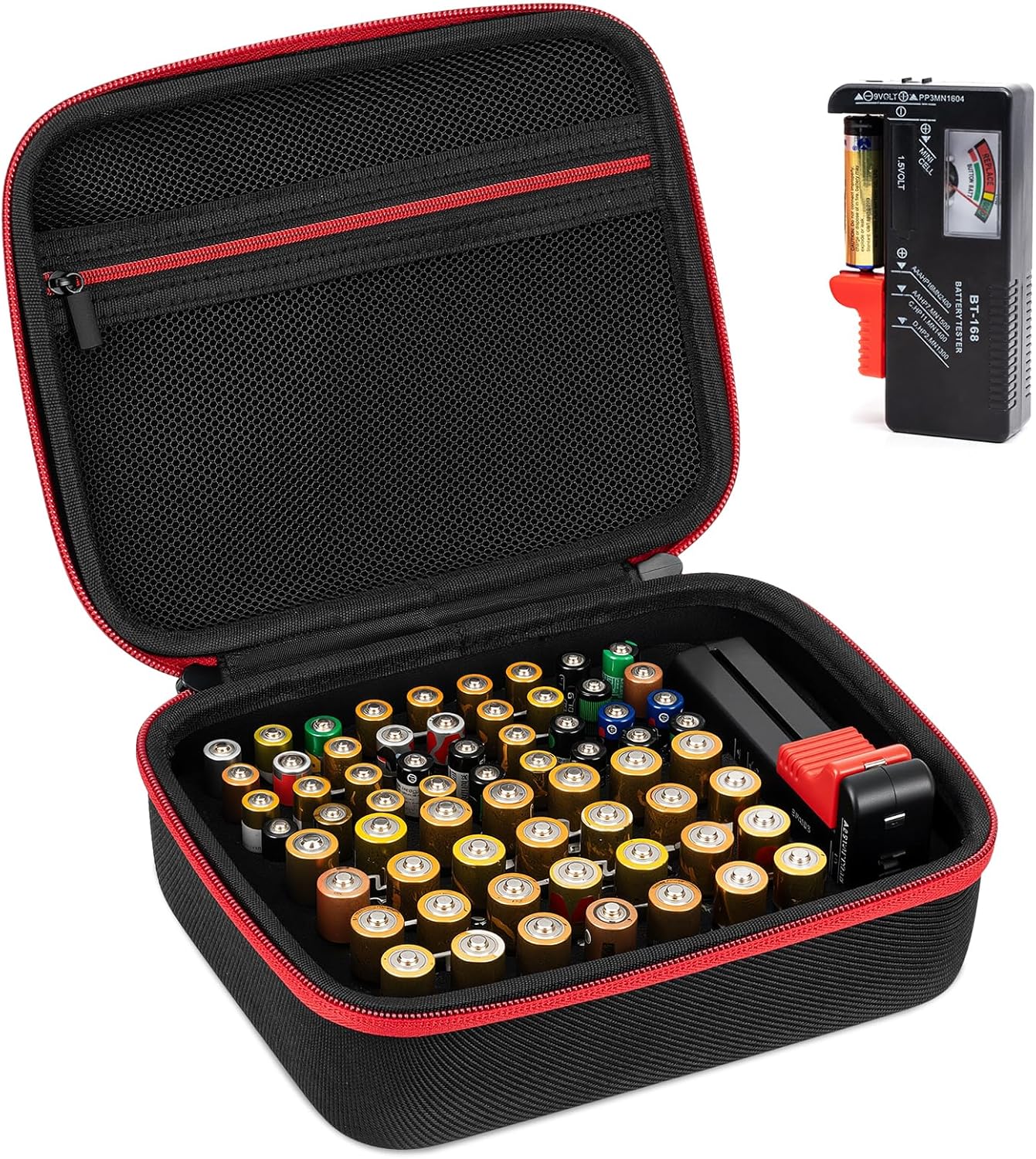 Battery Organizer Storage Case with Tester, Hardshell Portable Checker Carrying Case Holds Batteries AA AAA AAAA C D 9V, Battery Organizer Storage Box (Hold 64+ Cell)