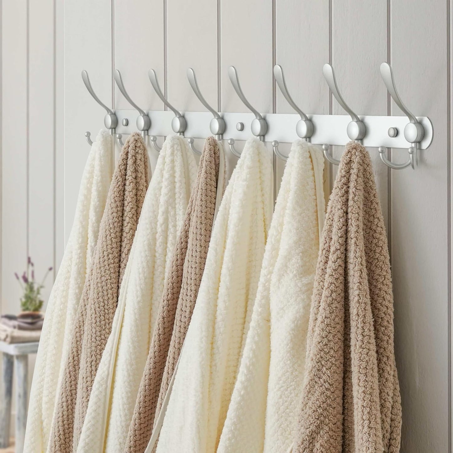 Dseap Coat Rack Wall Mount - 29.5” Long 8-Tri-Hooks Heavy Duty Coat Hanger Rail Wall Hooks for Hanging Coats Hats Clothing Clothes Purse Mudroom Entryway, Silver