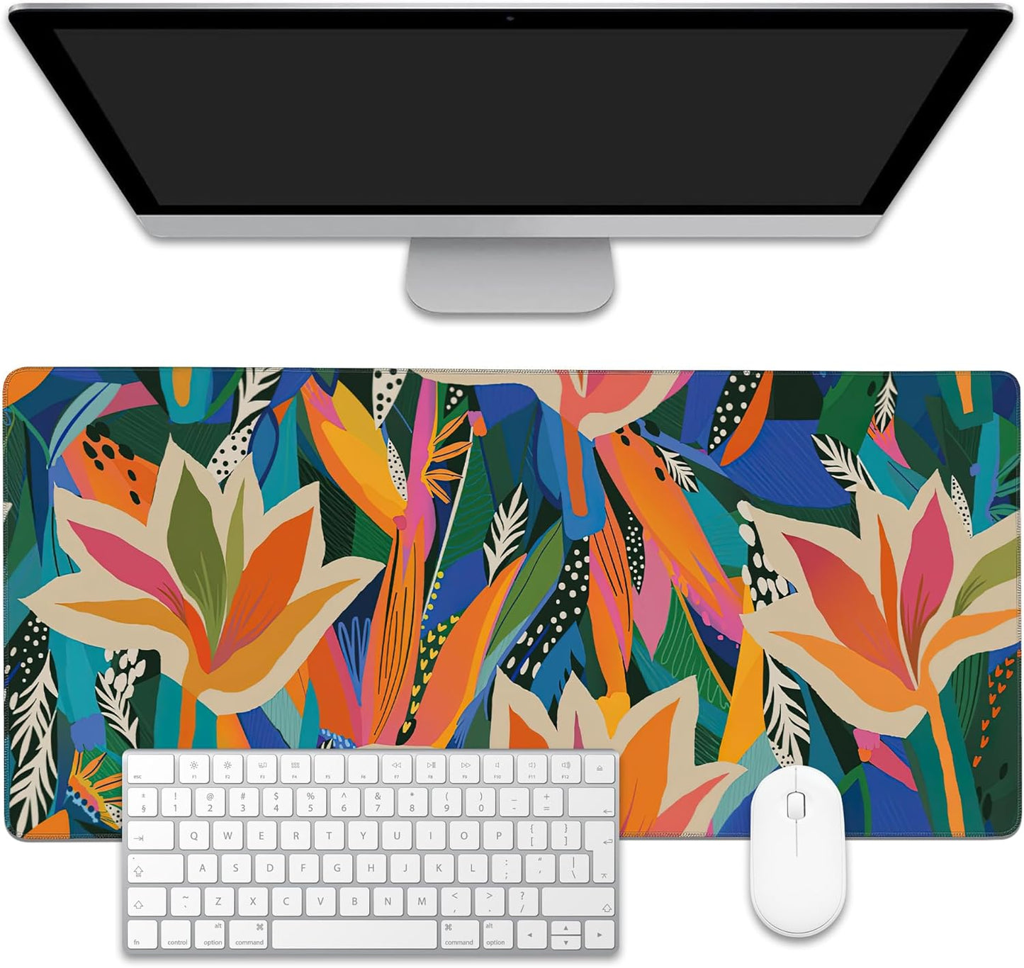 Colorful Tropical Floral Large Gaming Mouse Pad,Waterproof Desk Mat for Desktop,Non-Slip Rubber Base Mousepad with Stitched Edges for Laptop Office and Home 35.4X15.7 Inch