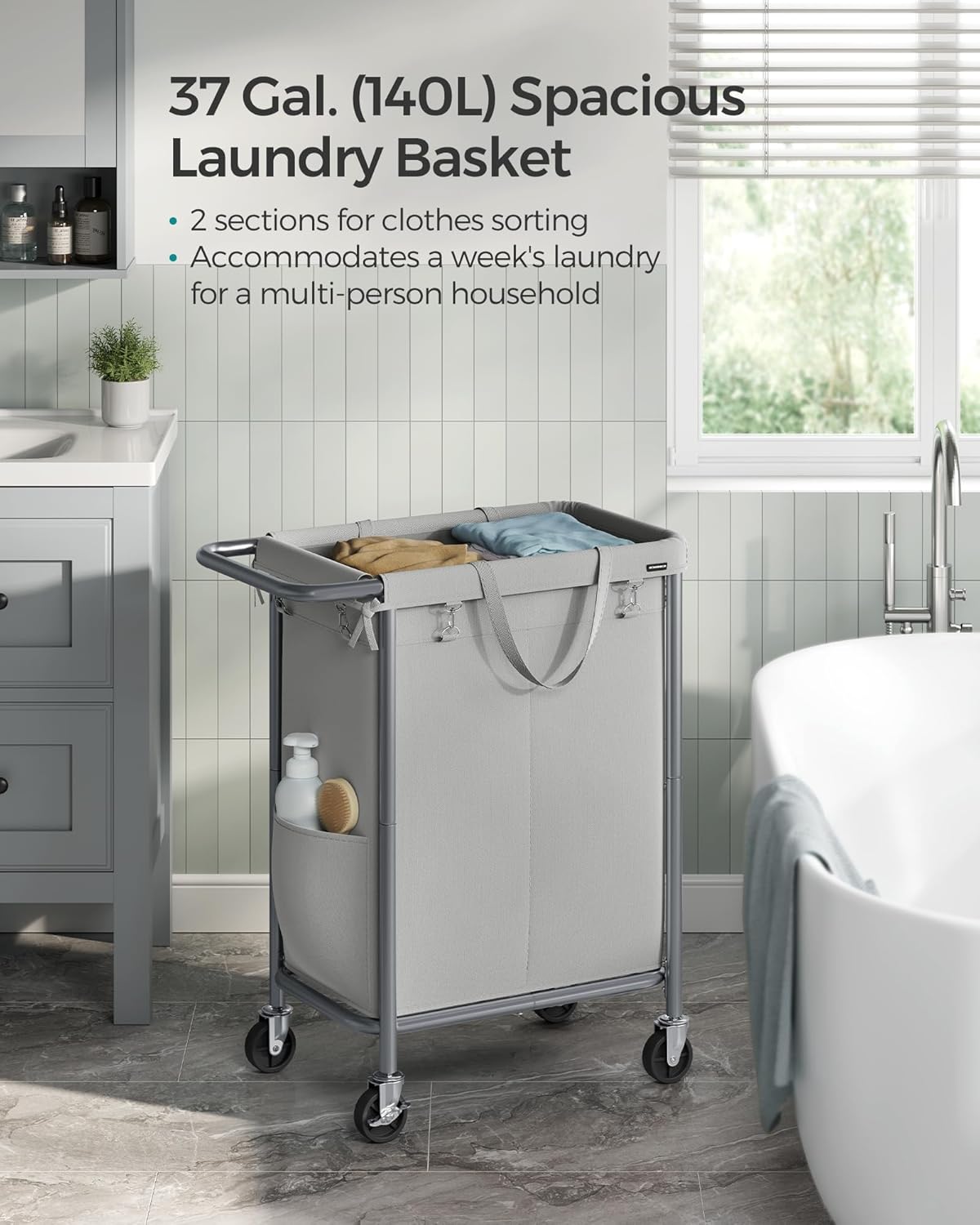 SONGMICS Laundry Basket with Wheels, 2-Section Rolling Laundry Hamper, 37 Gallons (140 L), Removable Liner, Steel Frame with Handle, 27.2 x 15.4 x 31.9 Inches, Dove Gray URLS004G01