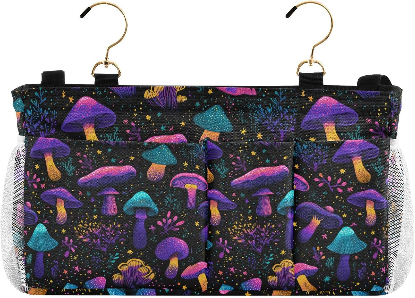 Neon-colored Mushrooms Stars Dots Bedside Caddy for Dorm Bed Bedside Hanging Caddy Bag Iron Frame Storage Organizer Pocket for Bunk Home College Hospital Beds 2 Hooks