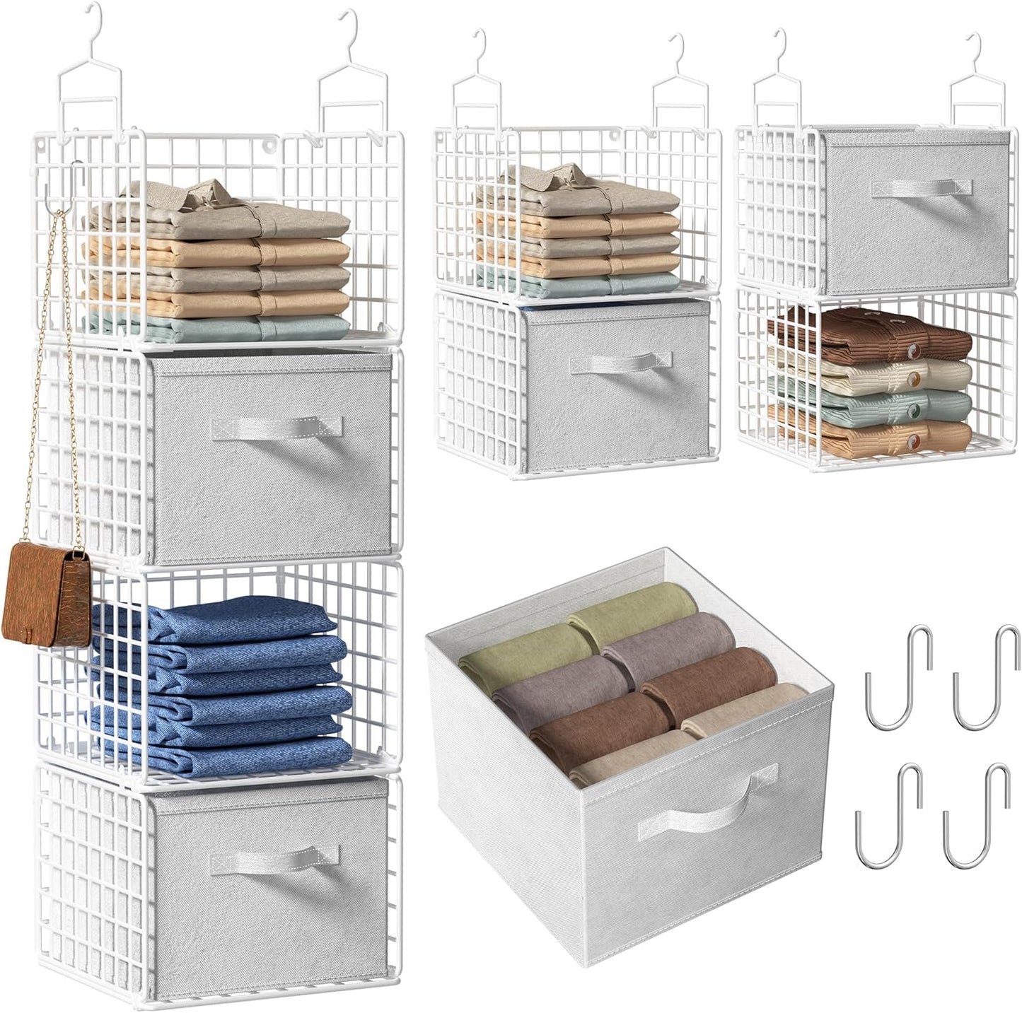 Hanging Closet Organizer with Drawers, 4 Tier Metal Closet Organizers and Storage with 4 Hanging Hooks 4 S-Hooks for Wardrobe Laundry Room, Wire Storage Shelf for Clothes Sweaters Pants (White)