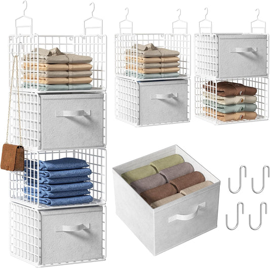 Hanging Closet Organizer with Drawers, 4 Tier Metal Closet Organizers and Storage with 4 Hanging Hooks 4 S-Hooks for Wardrobe Laundry Room, Wire Storage Shelf for Clothes Sweaters Pants (White)